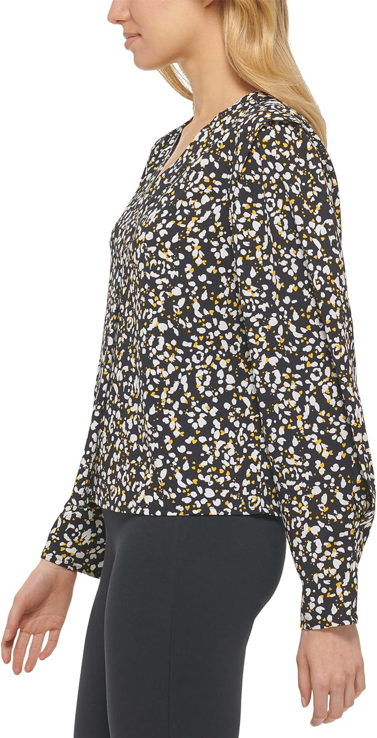 DKNY Printed Crop V-Neck Top Black Golden Spice Multi MD - Image 2