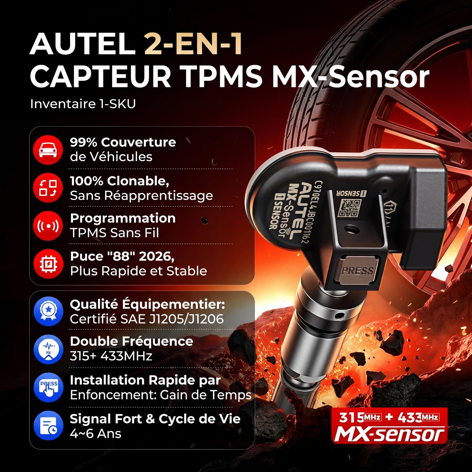 Autel RDKS 2 en 1 MX-capteur à double fréquence, capteurs TPMS de niveau OE pour 99% des voitures, capteur de pneu 100% programmable, fonctionne avec TS408S TS501Pro TS508WF TS601 Outil TPMS (valve en