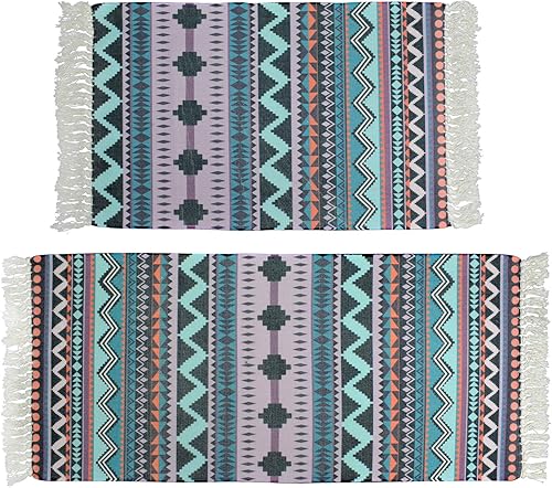 Miniatura 1 de ABREEZE Juego de 2 alfombras de algodón de 2 x 3 pies + 2 x 4 pies 4 pulgadas, alfombras de algodón bohemias tejidas a mano con borlas, alfombra de