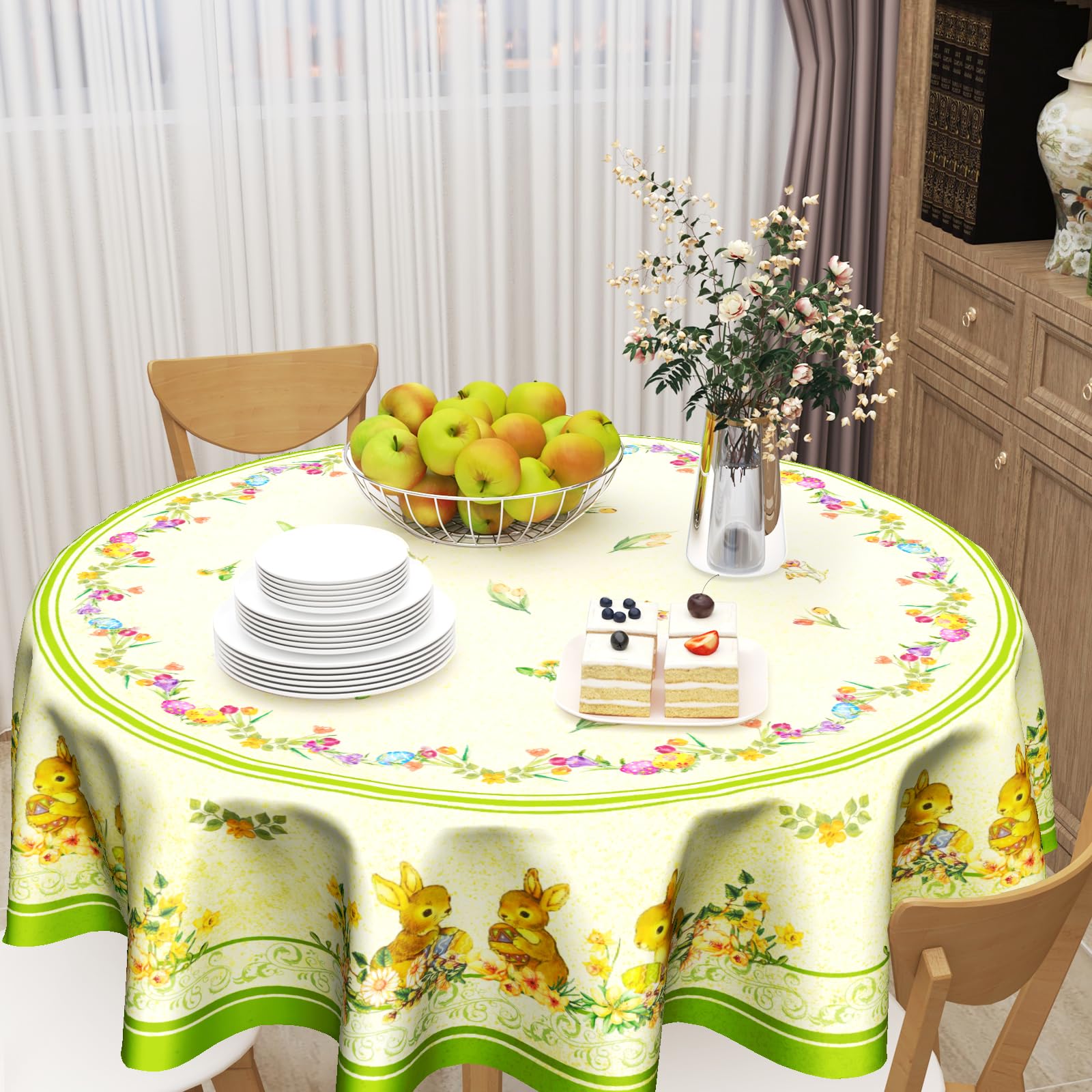 Mantel Redondo Lavable Con Diseño De Huevos De Conejo De 60 Pulgadas, Cubierta De Mesa Circular
