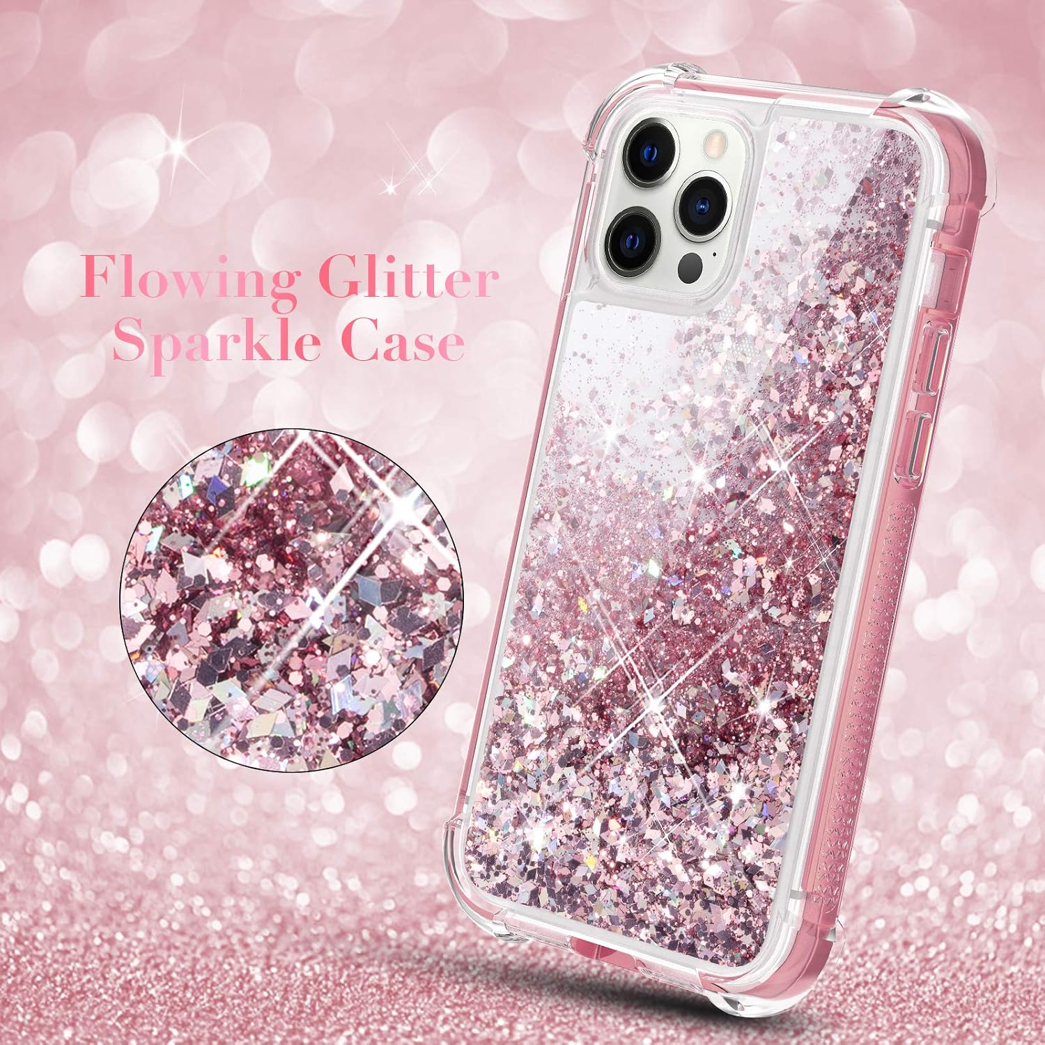 Caka Glitter Case Compatible with iPhone 12 Case, iPhone 12 Pro Case Glitter Liquid Full Body Case with Screen Protector for Girls Women Girly Bling Sparkle Case 6.1 inches (Rose Gold)