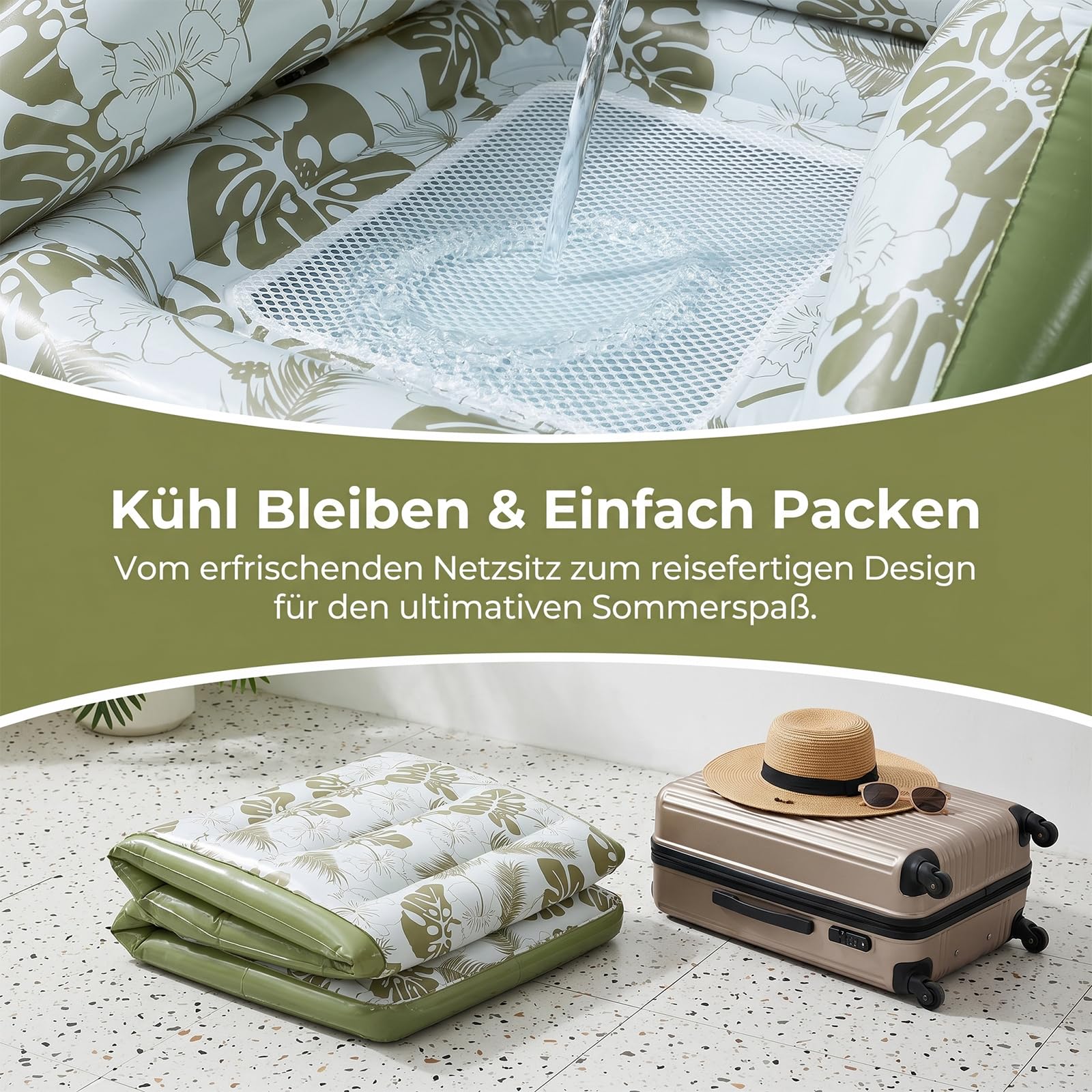 U-Shaped Water Inflatable Pool Float, U‑Form Aufblasbare Pool‑Liege mit Rückenlehne & Kühl-Sitz,Inflatable Pool Lounge Chair, Faltbar, für Strand, See & Schwimmbad