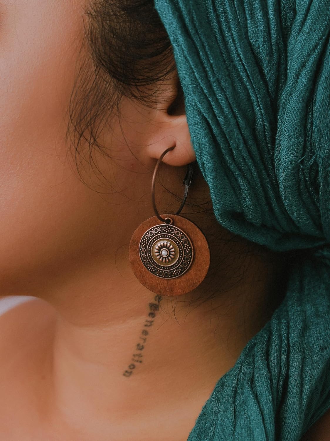 MINACHI Vintage Boho Multilayered Antique Metal Flower Charm Wooden Disc Dangle Drop Earrings, Bohemian Statement Jewelry Gift for Women - Image 5