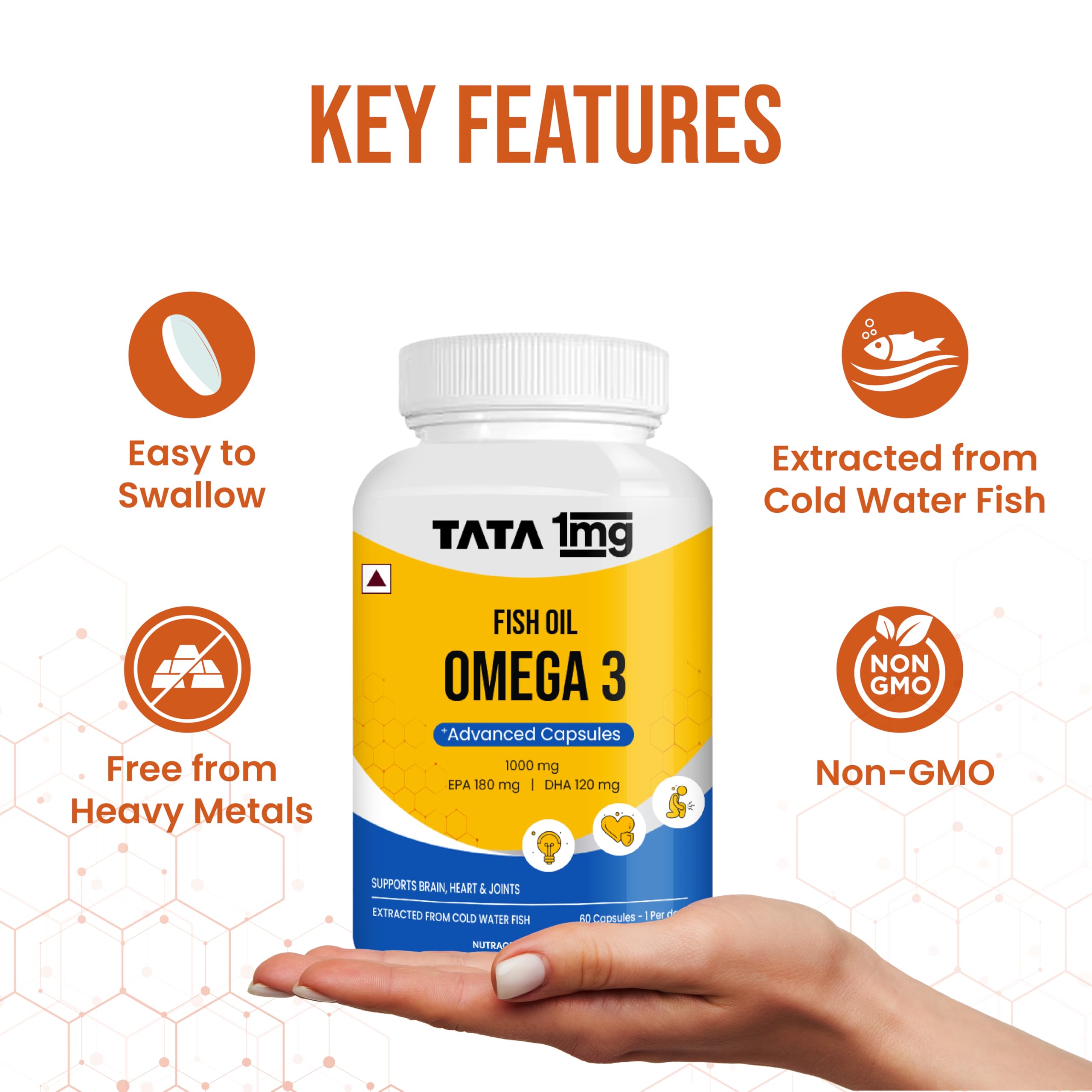 TATA 1MG Fish Oil Capsules with EPA (180mg) & DHA(120mg) for Hearth and Bone Health Skin & Hair Health, For Men/Women, No Fishy Burps,Non-GMO(Pack of 60) - Image 4 thumbnail