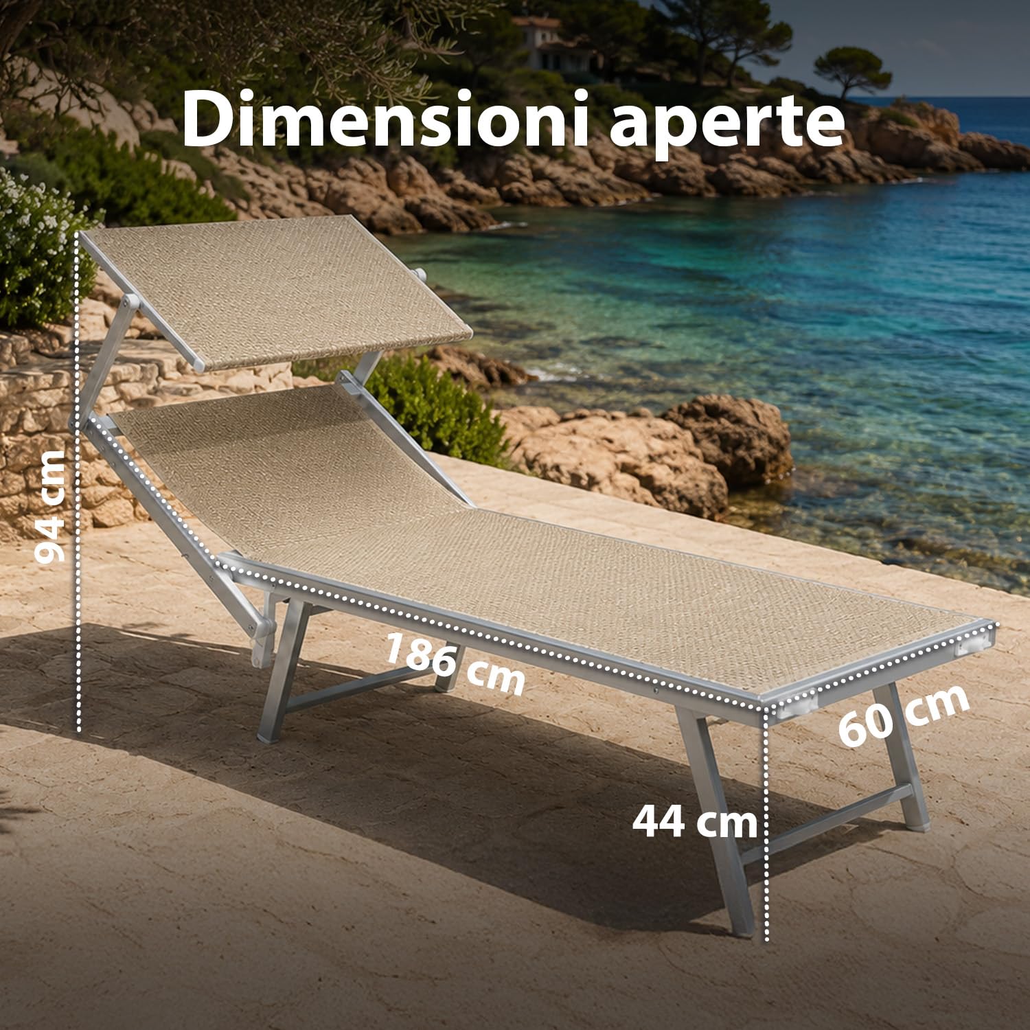 Avilia - Lettino Prendisole da Giardino con Parasole Girevole 360° – Alluminio, Texilene, 150 kg | Sdraio da Mare Pieghevole, Schienale 30-40°, L60×P186×A44/94 cm, Chiuso L60×A148 cm