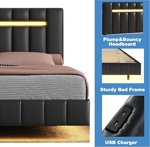 Miniatura 5 de Cama de plataforma tapizada tamaño Queen con luces LED y carga USB, marco de cama flotante para niños, adolescentes y adultos para uso en el