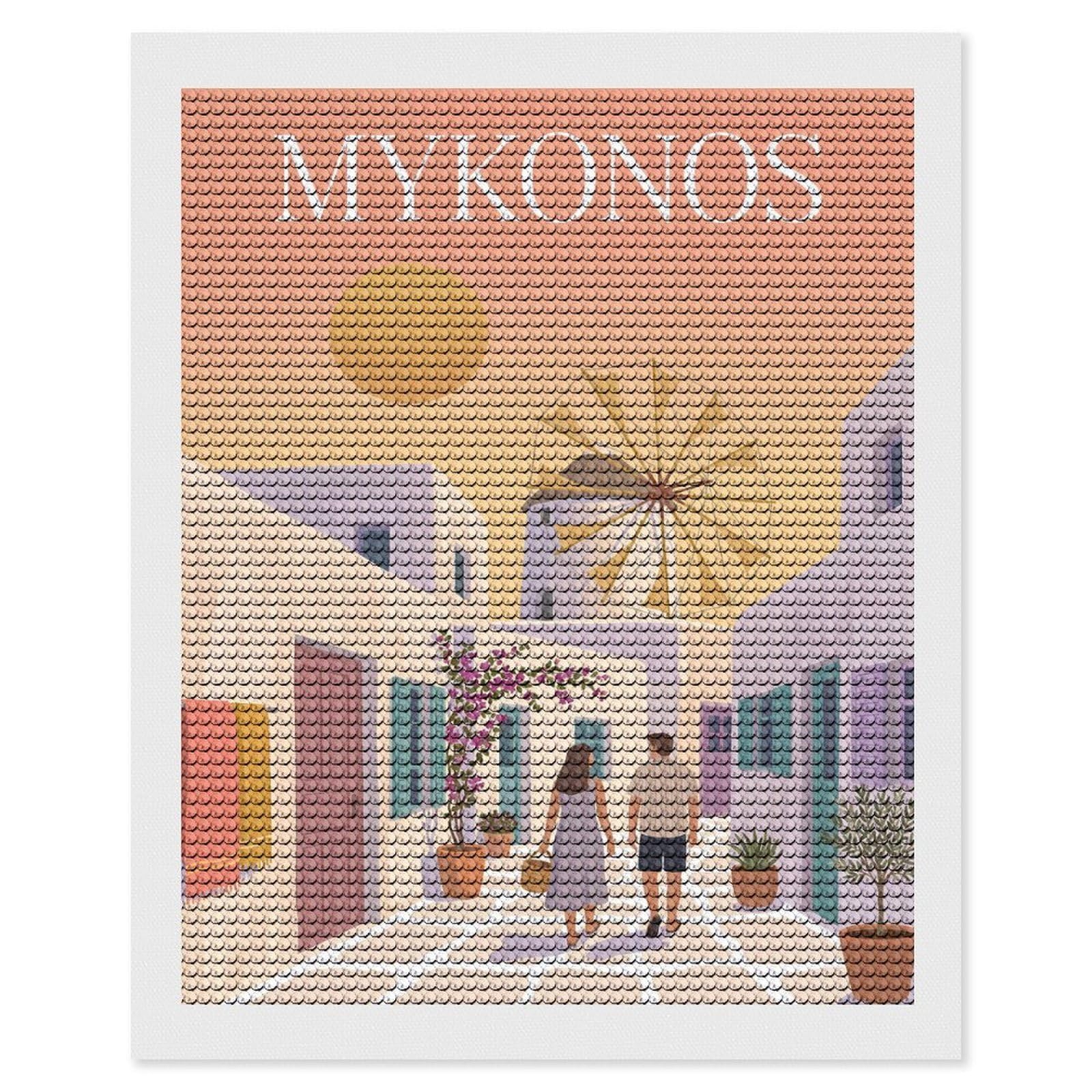 Junmoney Mykonos Greece (2) Diamond Art Kit 16"x20", Relaxing DIY Hobby, Satisfying Creative Project, Living Room Decor, for Women