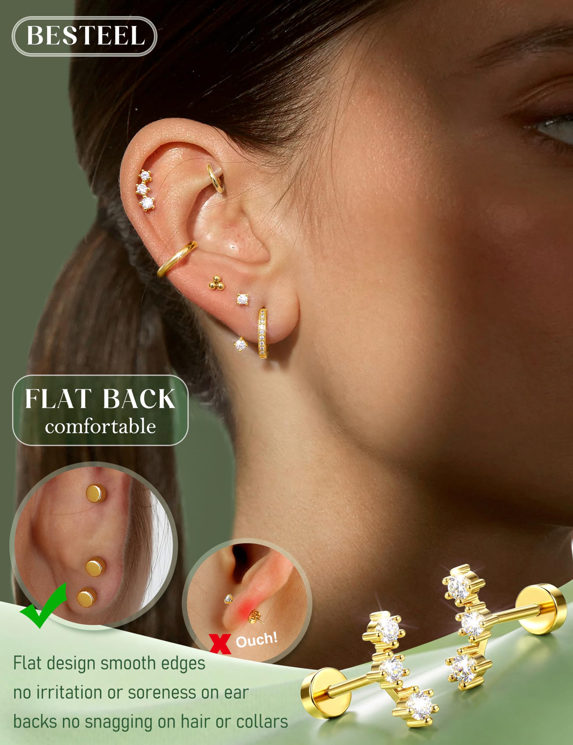 Hypoallergenic Flat Back Earrings 14K Gold Plated Cartilage Earring Stacks for Sensitive Ears Surgical Steel Small Huggie Hoops Flatback Stud Earrings Set for Multiple Piercing Jewelry Gift for Women - 4