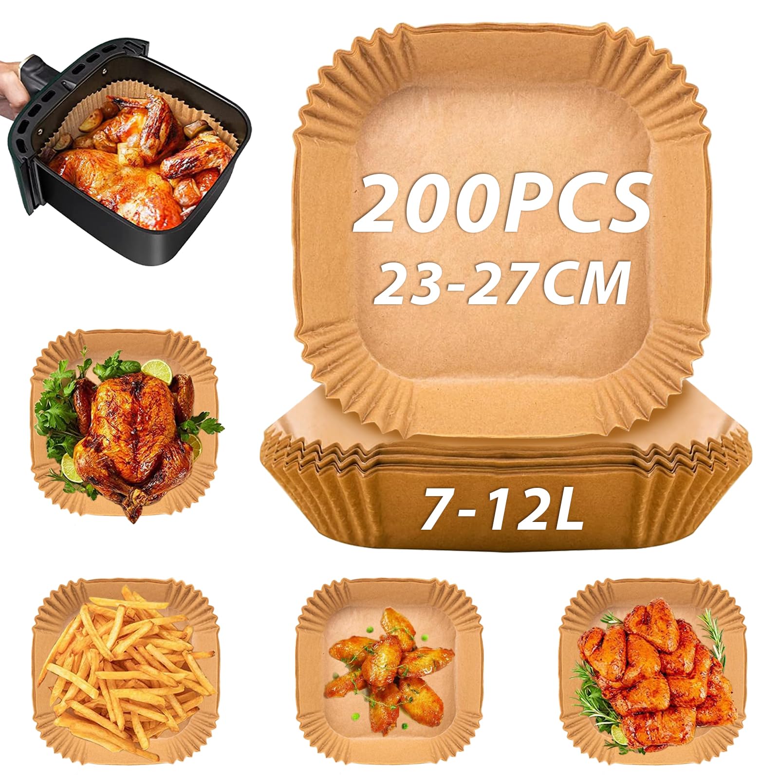 Sungoup Air Fryer Baking Paper 23-27 cm, 200 Pieces Baking Paper for Air Fryer Waterproof and Oil Resistant, Air Fryer Baking Paper for 7-12L Air Fryer Compatible with COSORI