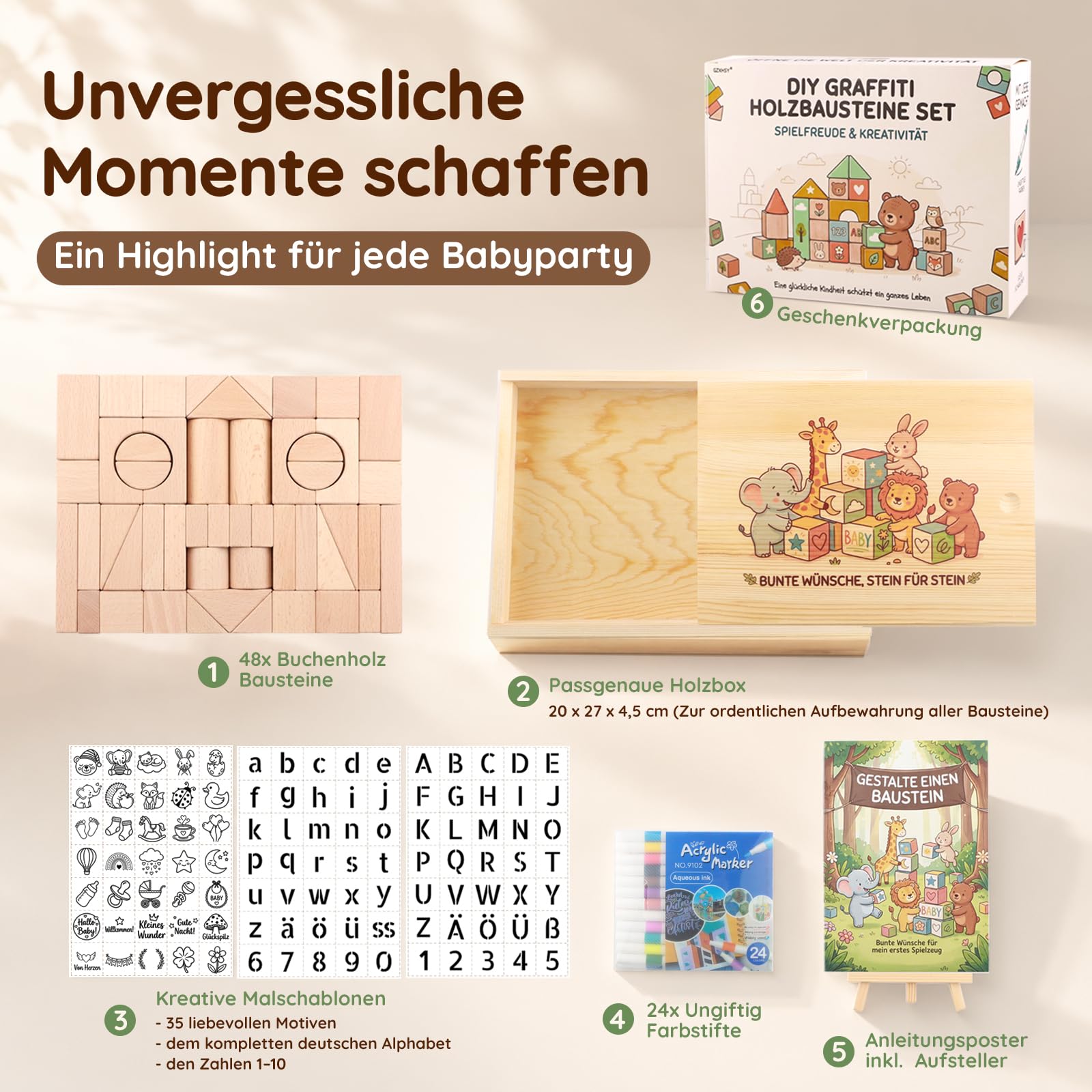 Babyparty Spiele DIY Buchen-Bausteine | 48 Holzbausteine, 24 Acrylmarker, 1 Holzbox, 105 Schablonen, 1 Poster & Halter (Naturholz | verschiedene Sonderformen)