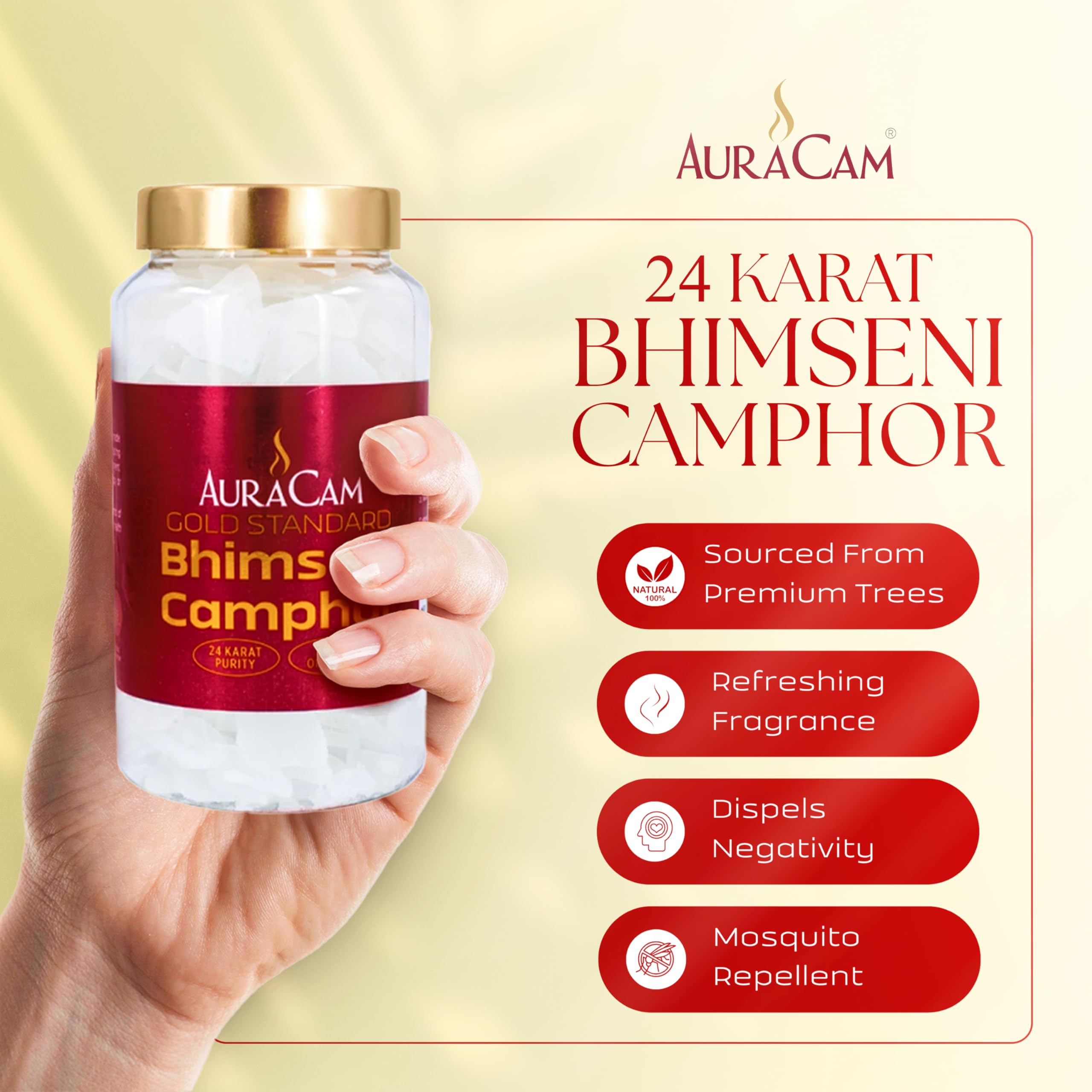 AuraCam Gold Standard Bhimseni Camphor with Electrical Diffuser/Camphor/Kapoor Burner/Aromatic for Pooja, Meditation, Havan/Pure & Natural Pacha Kapoor with Stand for Home, Office (Pack 1, 500 g) 1