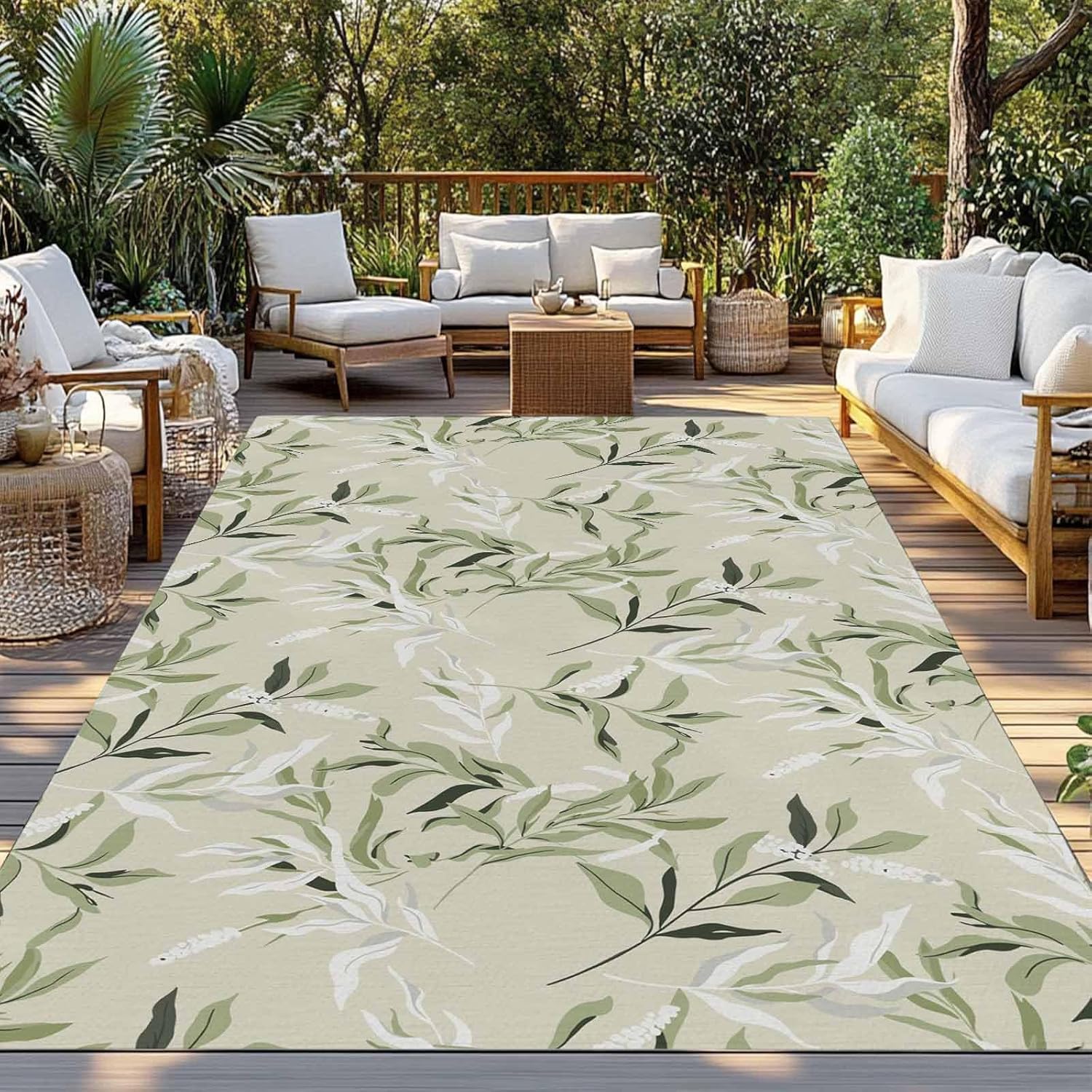 Outdoor Rug 6x9 Spring Plant Area Rug for Patio Rugs Waterproof Outdoor Carpet Green White Leaves Doormats for Patio Porch Balcony Backyard Entryway Camping Rugs