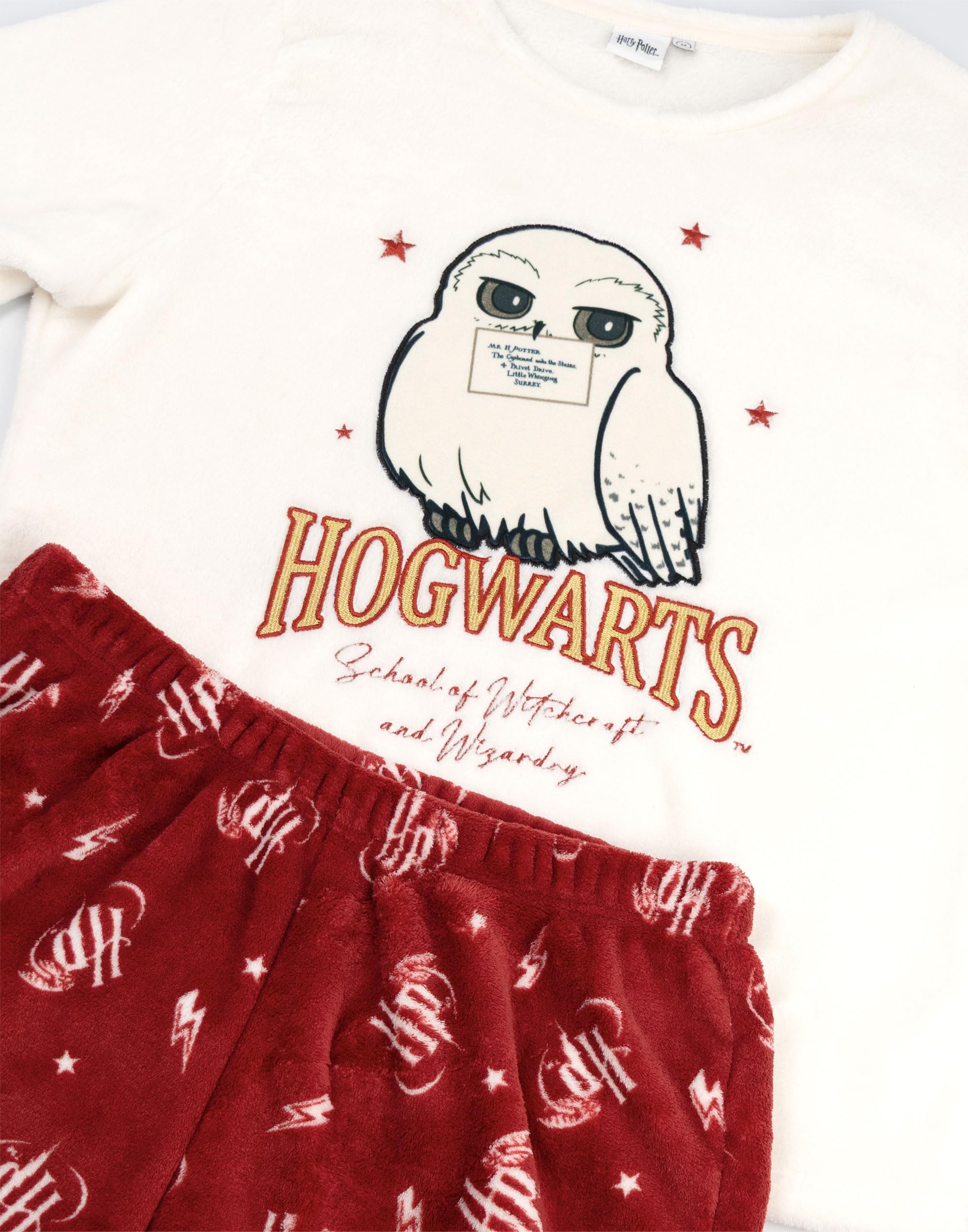 Harry Potter Pigiama da Donna a Maniche Lunghe e Gambe Lunghe di Hedwig in Pile Caldo Rosso e Crema | Design della Scuola di Magia e Stregoneria di Hogwarts | Merchandising