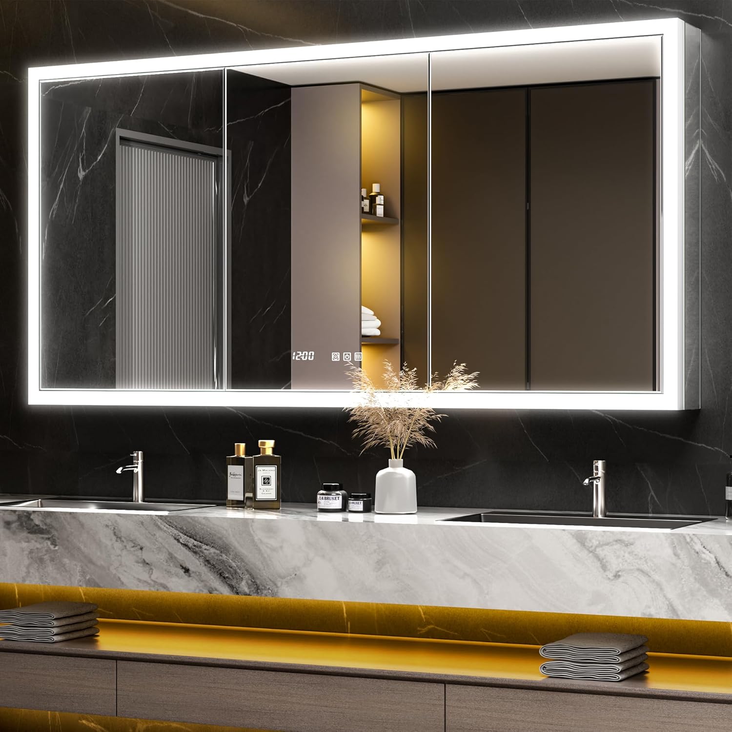 60x30 Recessed or Surface LED Medicine Cabinet with Mirror, 3 Color Dimmable Fogless Lighted Medicine Cabinet with Outlet and Adjustable Shelves,Time Display & Built-in Auto-Sensing Light