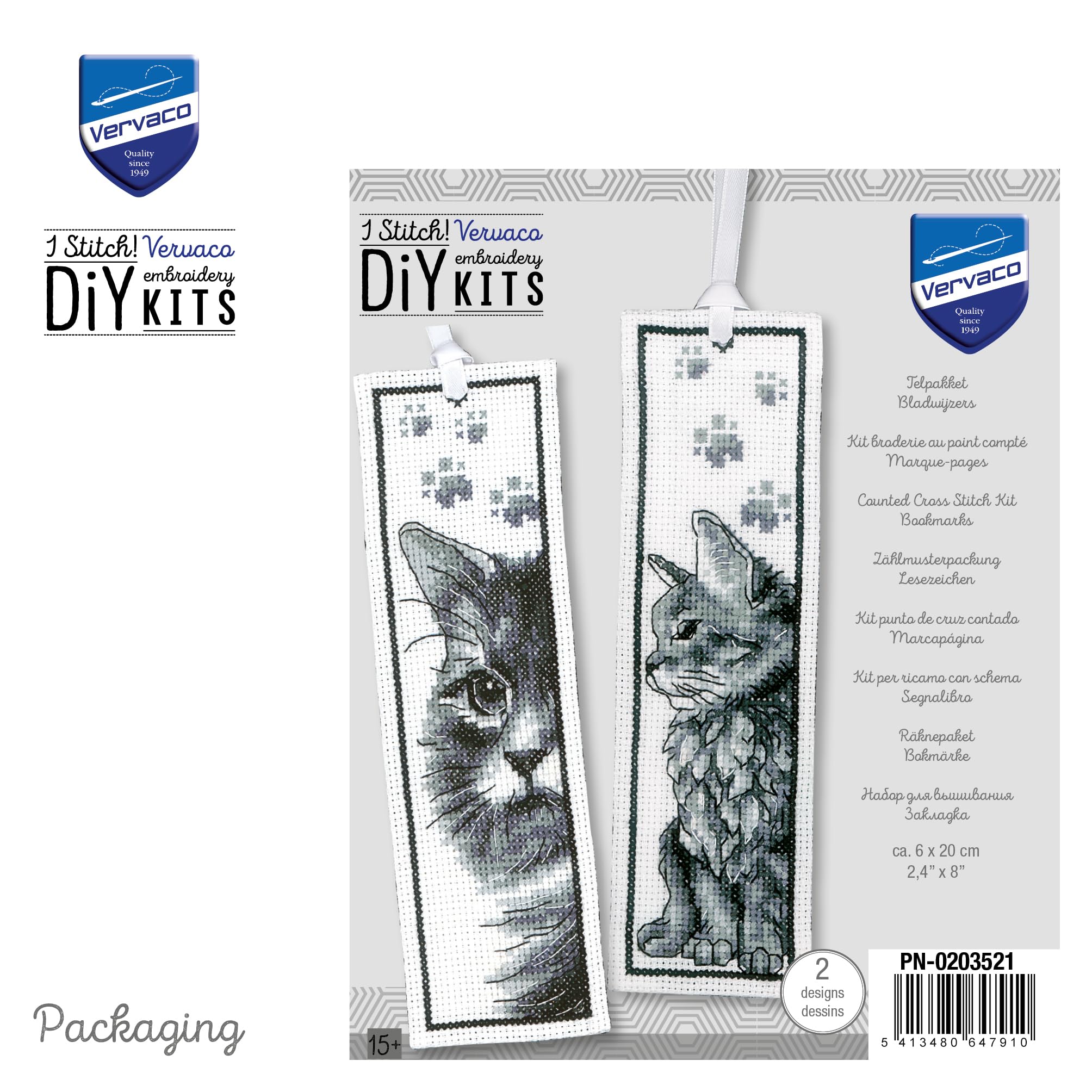 Kit De Broderie Point De Croix Marque-page CHATS - VERVACO - Lot De 2 - Complet Avec Fil DMC Et Tissu Zweigart
