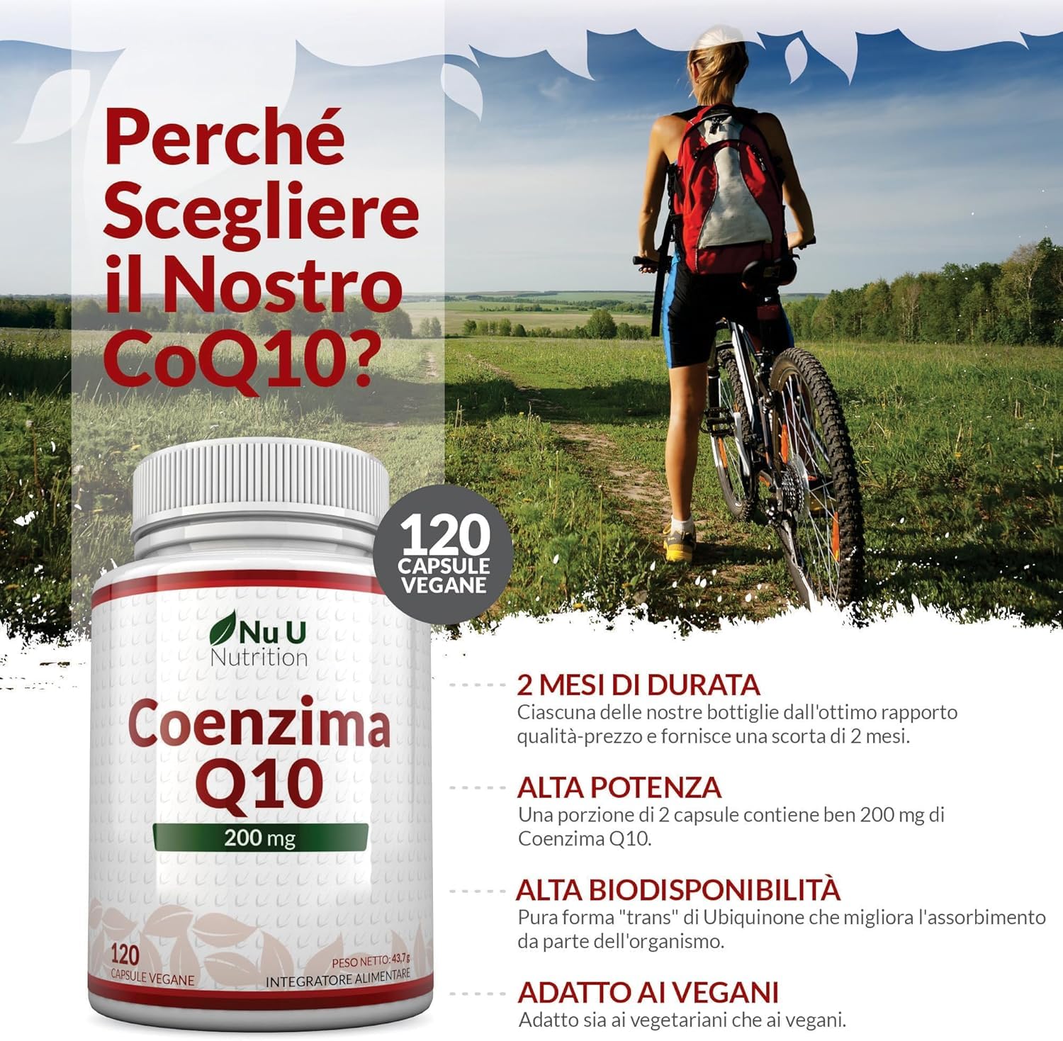 Coenzima Q10 200mg - 120 Capsule Vegane - 2 Mesi di Durata - 100mg di CoQ10 per Capsula - 100% Ubiquinone Puro Fermentato Naturalmente - Prodotto in Europa - Nu U Nutrition