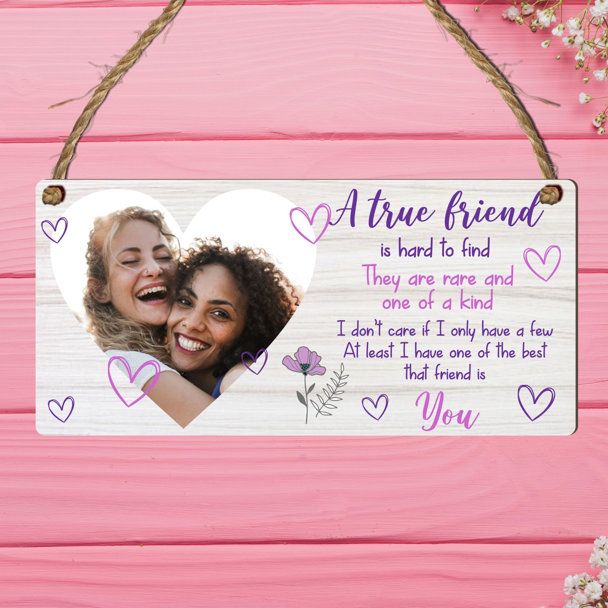 Custom Best Friends Plaque – Personalised Friendship Sign with Photo and Heartfelt Quote, Wall Hanging Gift for Best Friends (Mdf Wood Indoor Use Only 19cm x 9cm, Grey Purple) — image 1