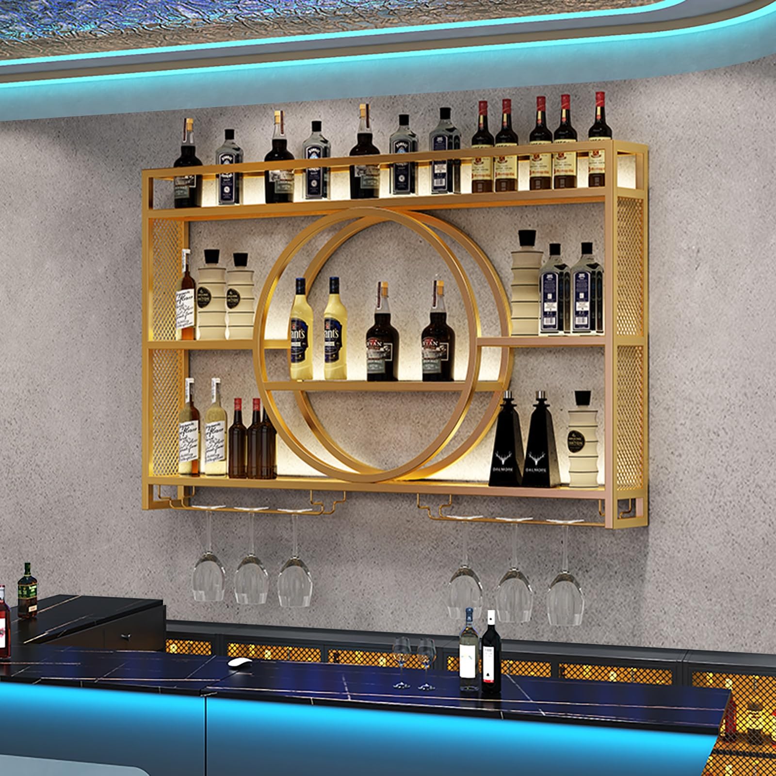 Botellero Con Luz LED Montado En La Pared, Botellero Estanterias Colgantes Con Soporte Copas Colgante Y Luz LED, Estante De Vino Montado En La Pared Para Cocina Bodega Bar Salón(Gold,160*15*80)