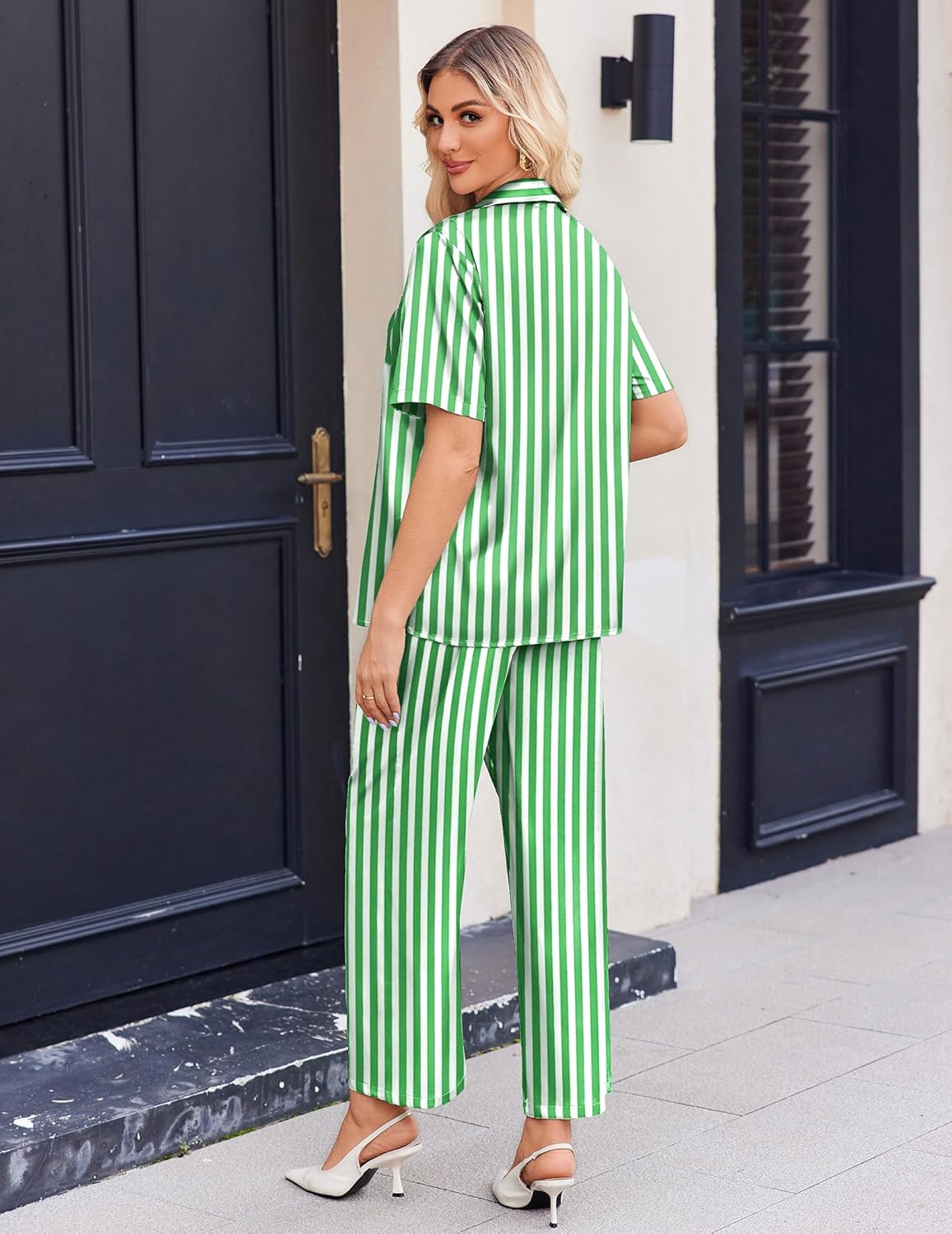 Ekouaer Silk Pajamas for Womens Set 2 Piece Satin Pjs Soft Button Down Sleepwear Wide Leg Long Pants with Pockets - Image 4