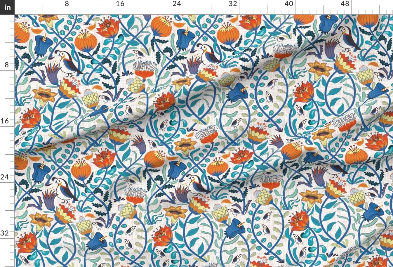Spoonflower Fabric - Spring Floral Fauna Blue White Orange Birds Garden Bright Bold French Printed on Chiffon Fabric by The Yard - Sewing Fashion Apparel Dresses Home Decor