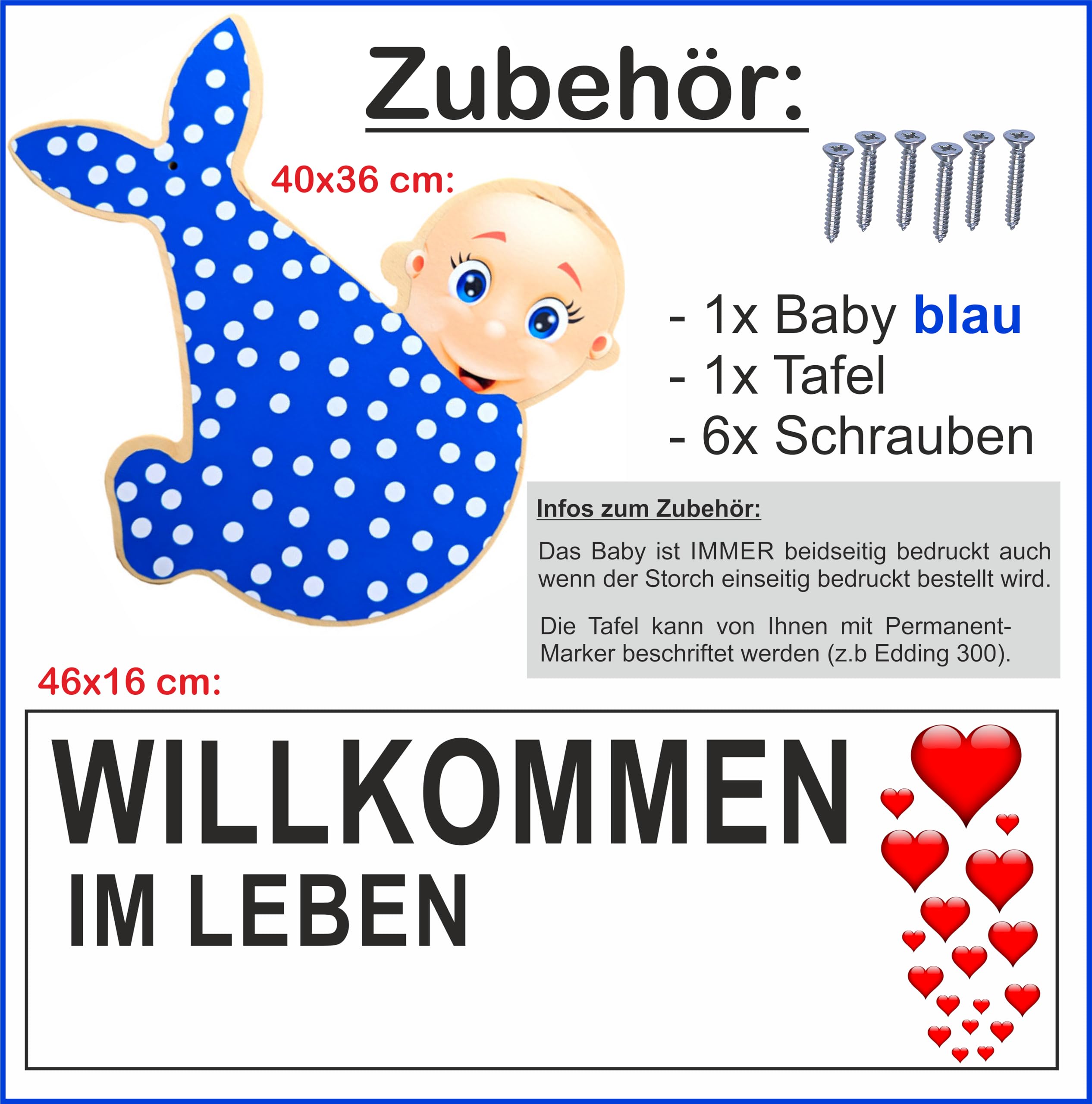 XXL SET 188 cm- Babystorch aus HOLZ für JUNGE Geburt (Druck: ZWEISEITIG*) | Inklusive Beschriftungstafel & Baby in BLAU, Klapperstorch zur Geburt, Holzstorch für draußen, Storch-Holz