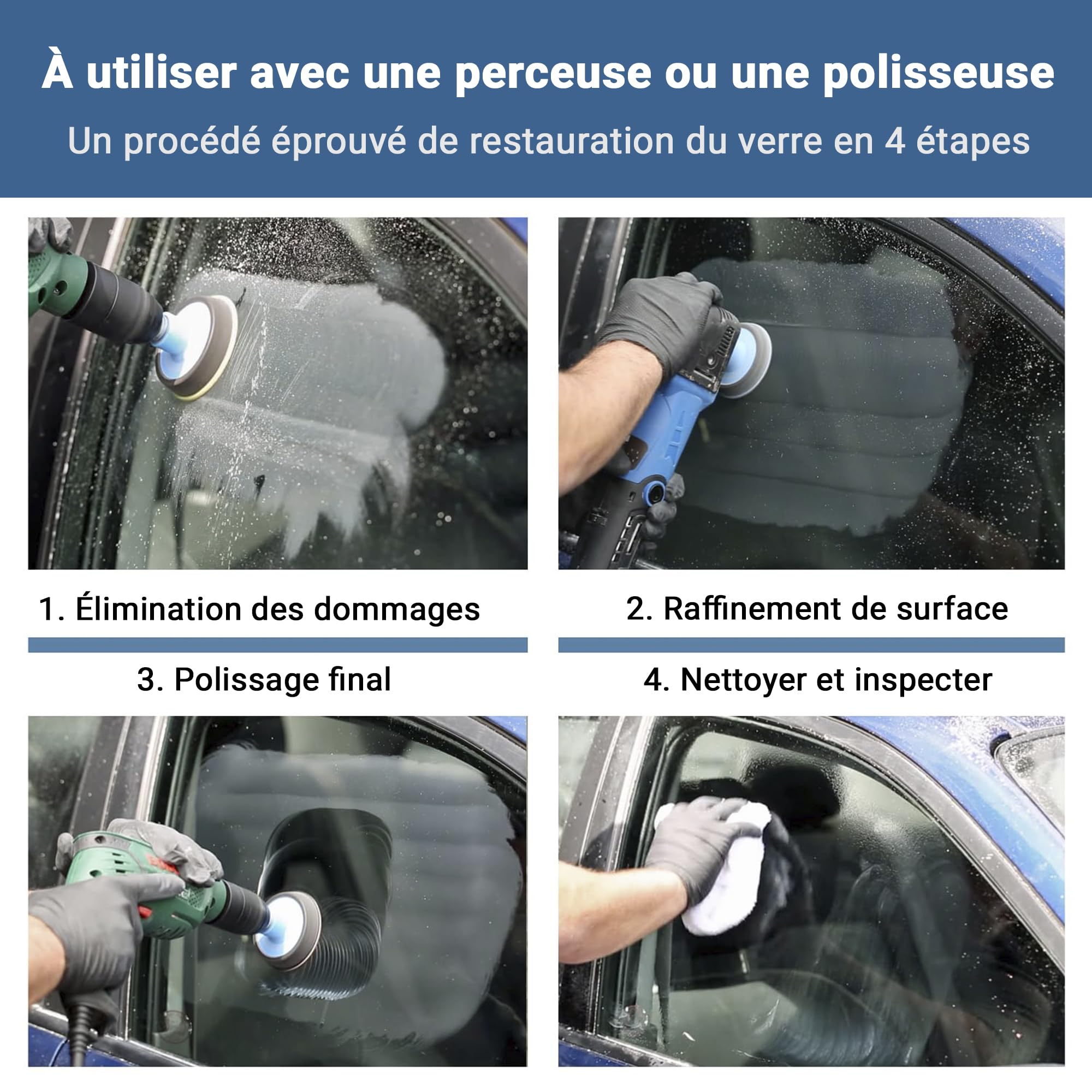 GLASS POLISH DIY Kit réparation rayures verre 75 mm – Polissage efficace avec perceuse ou polisseuse, corrige rayures profondes, élimine défauts surface, restaure clarté et brillance d’origine