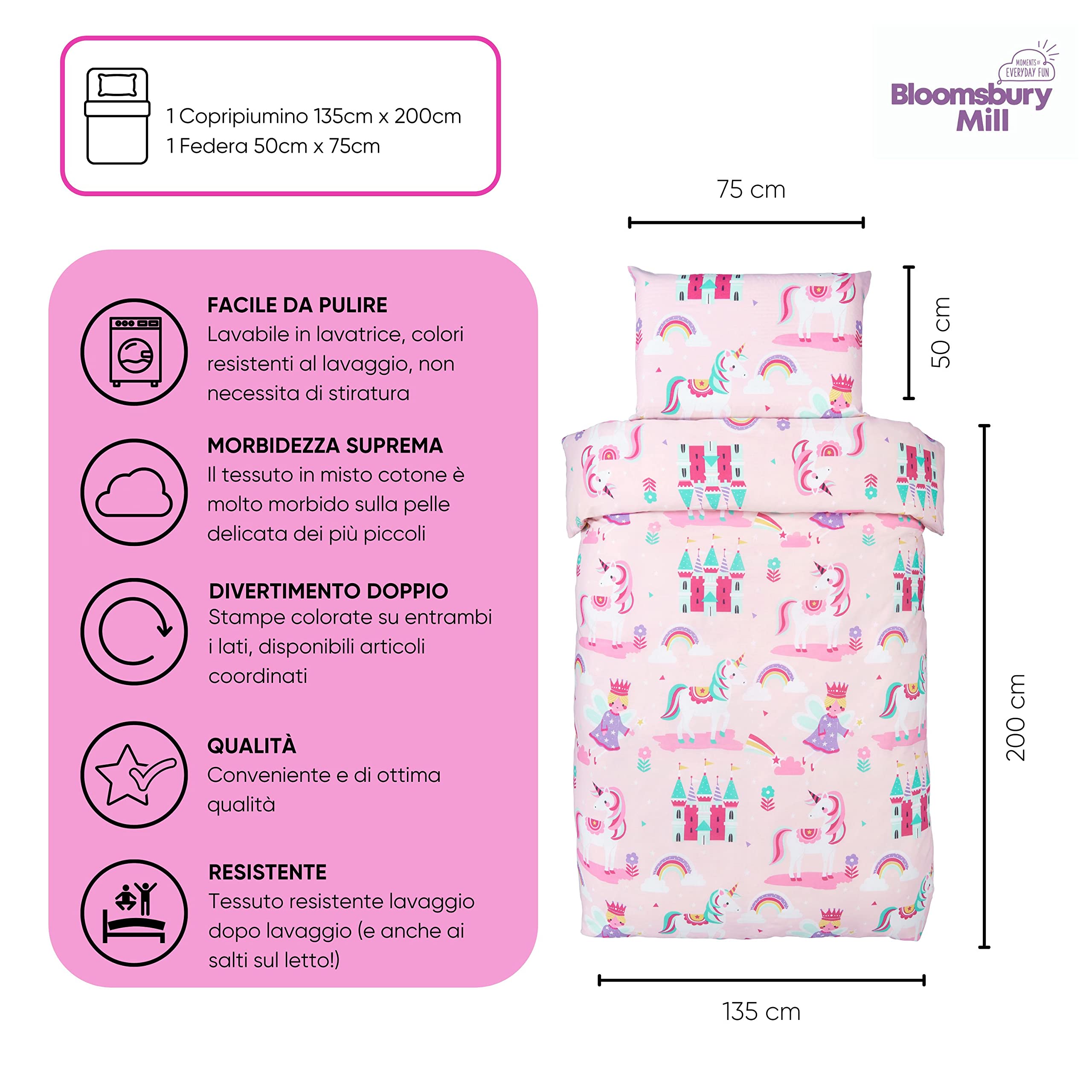 Bloomsbury Mill – Set Copripiumino Singolo Unicorno, Principessa e Arcobaleni - Lenzuola Letto Singolo Reversibile Per Ragazee – Rosa - Set di biancheria da letto - 135 cm x 200 cm e Federe