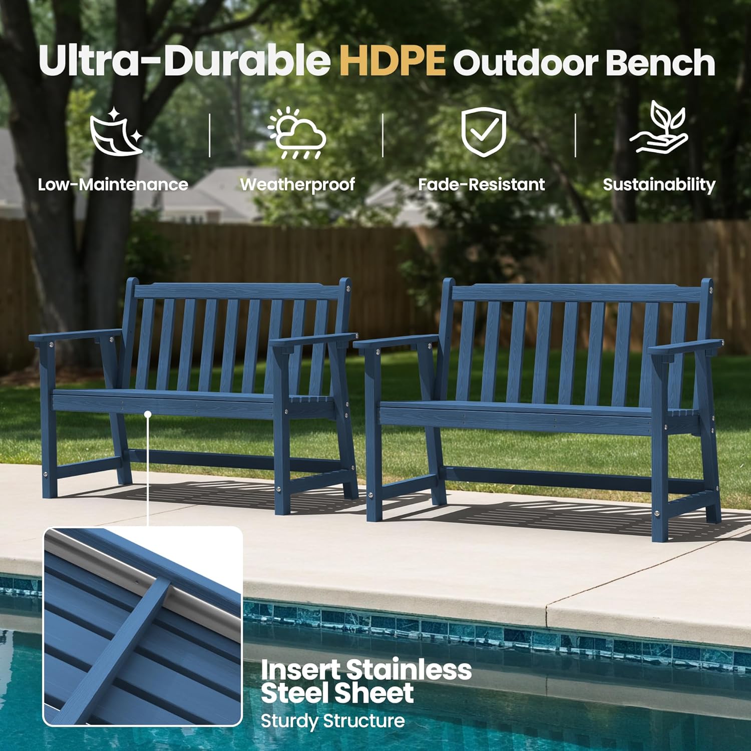 Ciokea 48" Outdoor Bench, HDPE Weatherproof Porch Bench, 2-Person Garden Benches with 550 Lbs, Waterproof Patio Benches for Outside Balcony Deck Backyard, Navy Blue