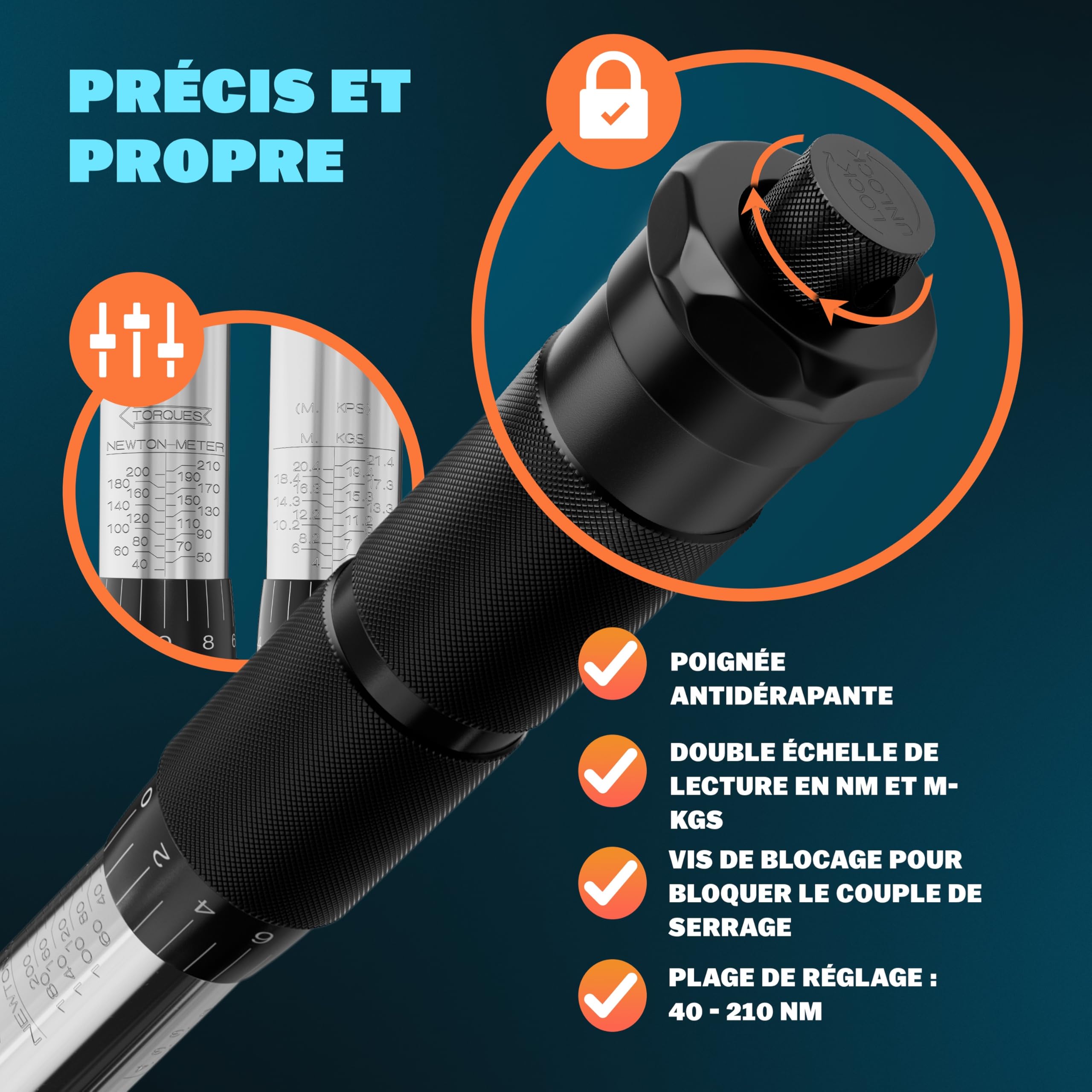 Monzana Clé Dynamométrique 6 Pièces 40-210NM, TÜV SÜD, 3 Embouts, Extension, Valise, Double Graduation, Levier Pratique, Cliquet Gauche-Droite, Verrouillage pour Clé Dynamométrique Voiture 1/2