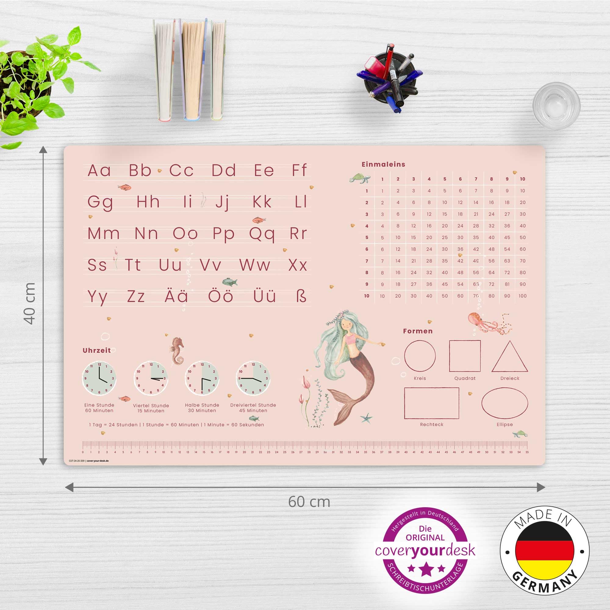 Pädagogische Schreibtischunterlage – Meerjungfrau Nixe – ABC & 1x1 – 60x40 cm – abwischbares Premium-Vinyl – Lernunterlage von Lehrern zur Einschulung empfohlen – Made in Germany