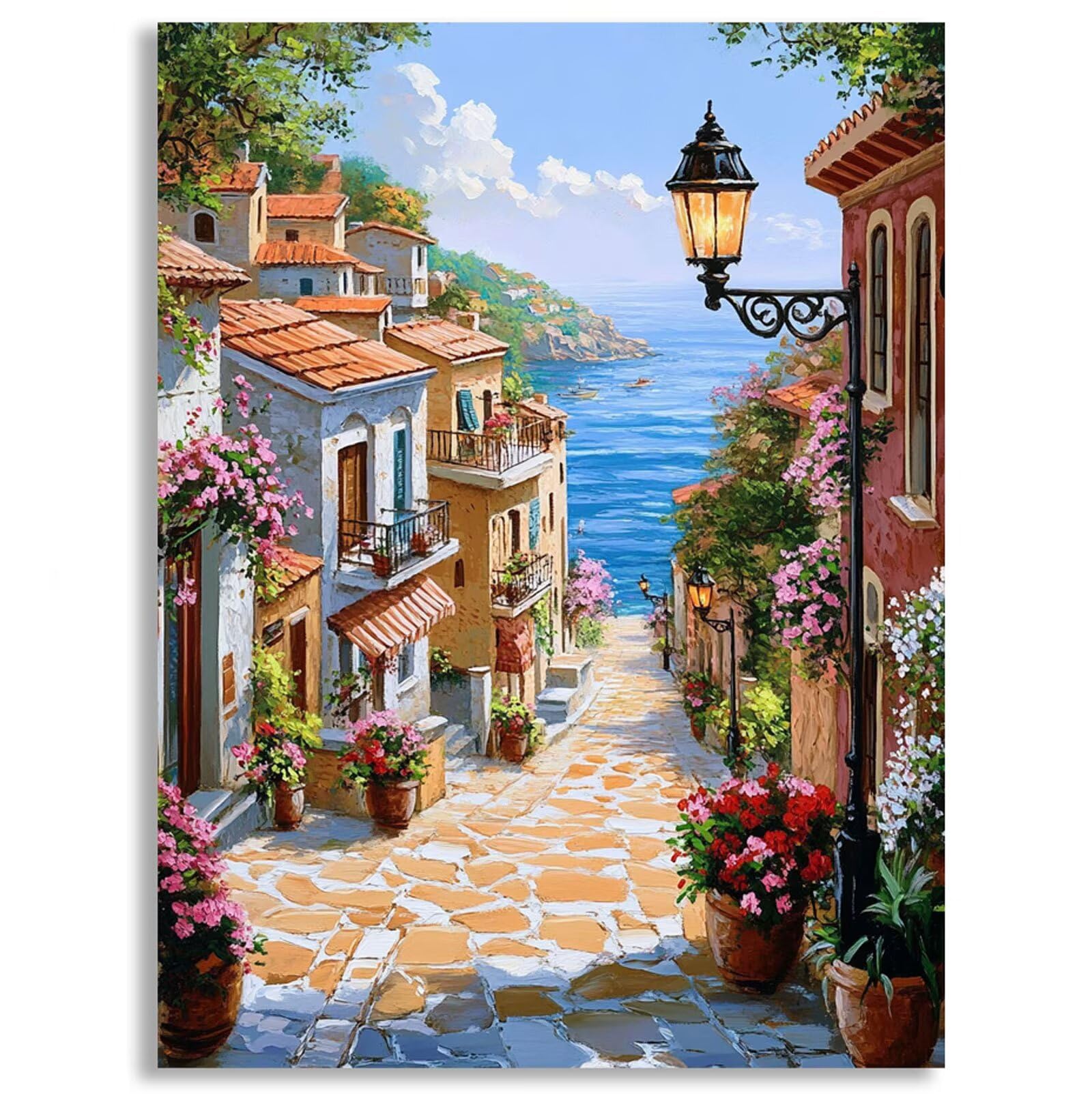 Haft diamentowy pełny zestaw dla dorosłych Santorini, 5D diamentowe malarstwo pejzaż 60 x 80 cm, diamentowe malowanie rzemiosło kwadratowe cyrkonie, DIY ręczna aktywność dla dorosłych, prezent do