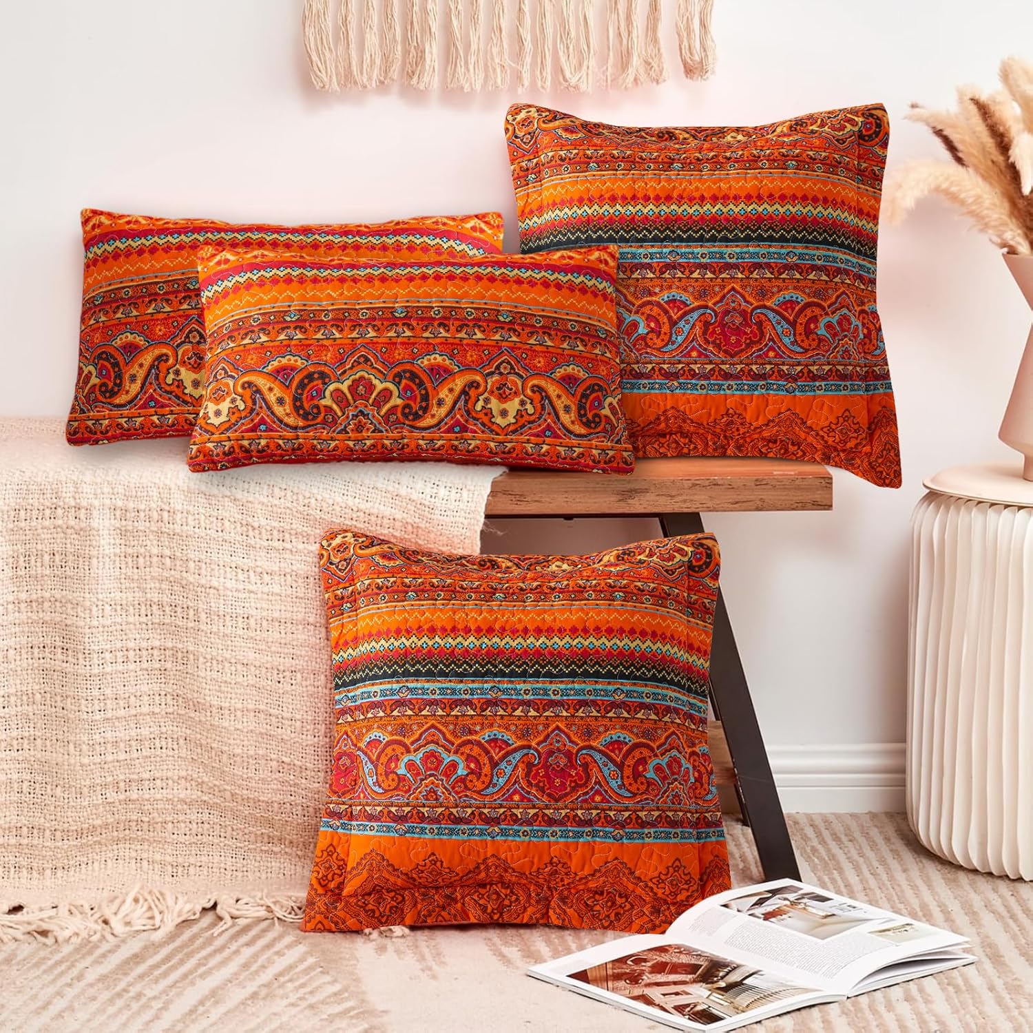 VAPUTAR Boho Decorative Waist Pillow Covers for Couch Bed Sofa,Cushion Covers 12 x 20 Inch Square Farmhouse Throw Pillow Covers Set of 2(Red, Bohemian Striped Pattern)