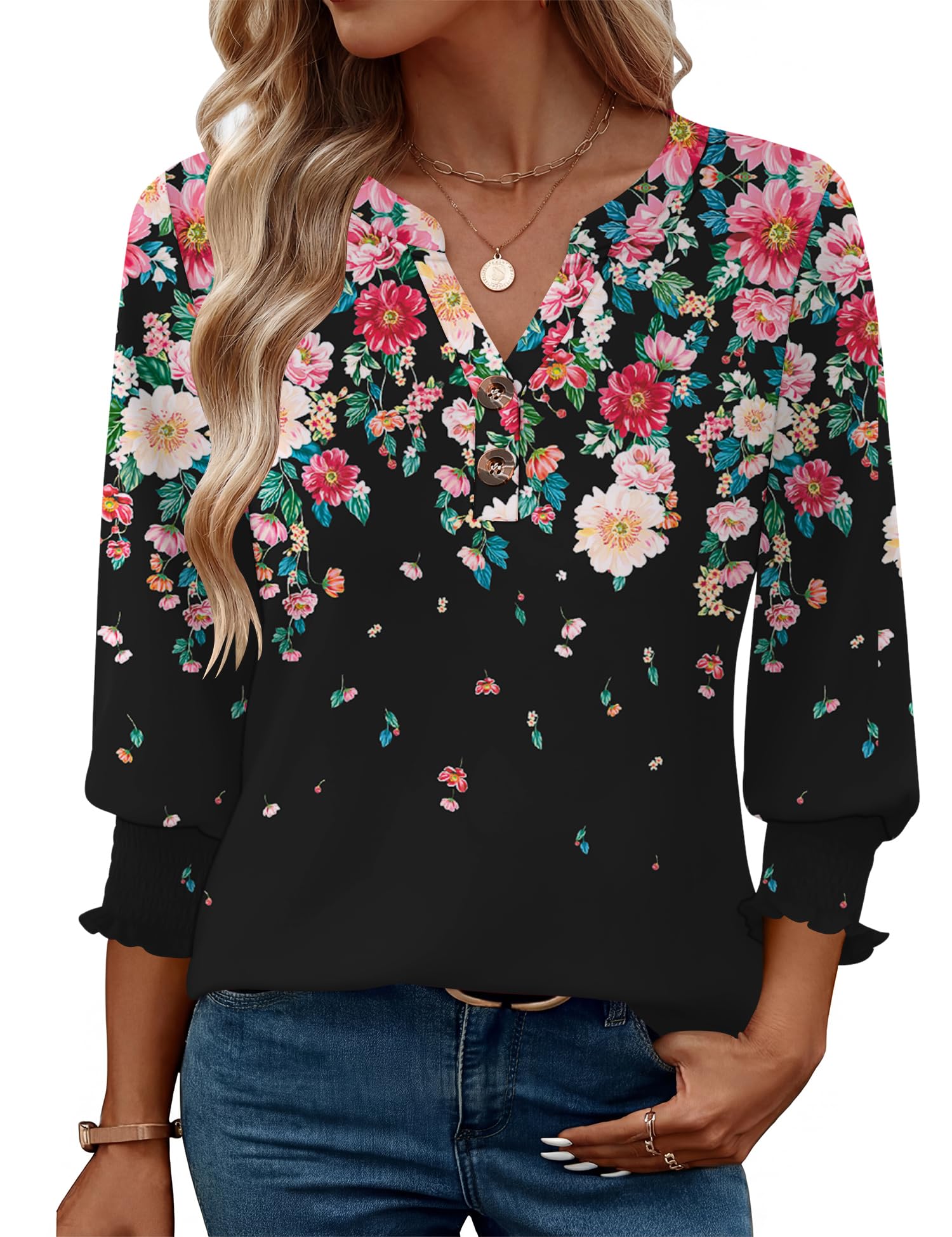 Rapbin Damen Bluse 3/4 Arm V-Ausschnitt Oberteile Knopfleiste Tunika Elegant Lässig Business Blusen Sommer Tops