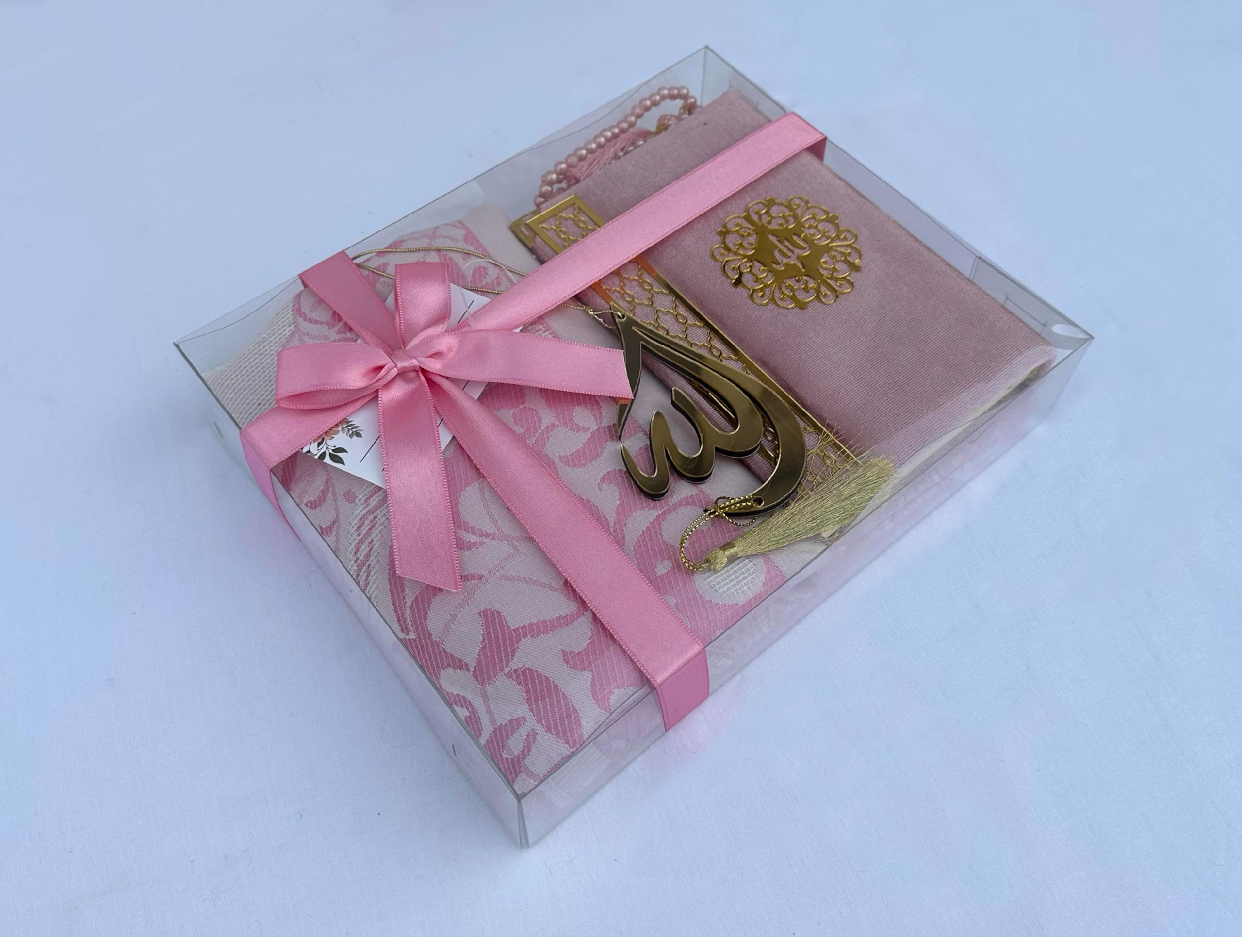 SAIKA Prayer Rug Set with Thanks Card, Full Arabic Quran Prayer Rug, Beads and Car Hanger Set,Ramadan Eid Wedding Birthday Graduation Mother's Day (Pink)