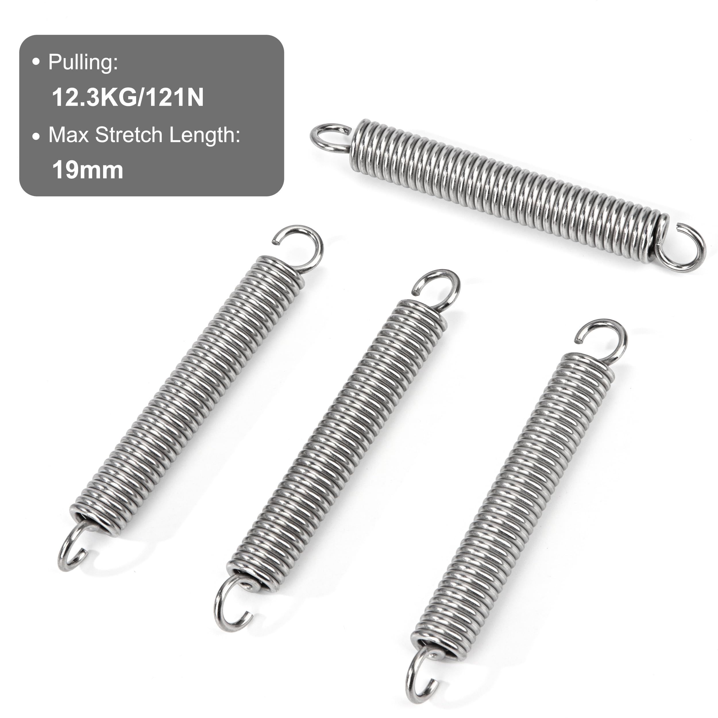 GUNGY Trekveren met haak, roestvrij staal, trekveer, spanveer, 90 mm, buitendiameter 12 mm, draaddiameter 2,0 mm, haakhoek 90 graden, maximale trekkracht 12,3 kg, 2,0 x 12 x 90 mm, 4 stuks