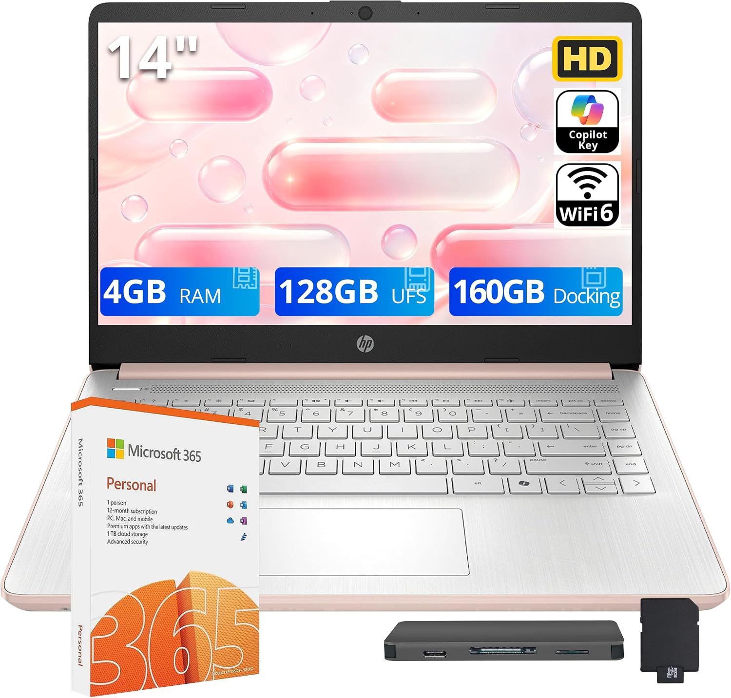 HP Flagship 14" HD Student&Business Laptop, 13th Gen Intel 4-Core, 4GB RAM, 288GB Storage (128GB UFS + 160GB Docking Station), 1 Year Office 365, AI Copilot, Wi-Fi 6, Win 11 S, Pale Rose Gold