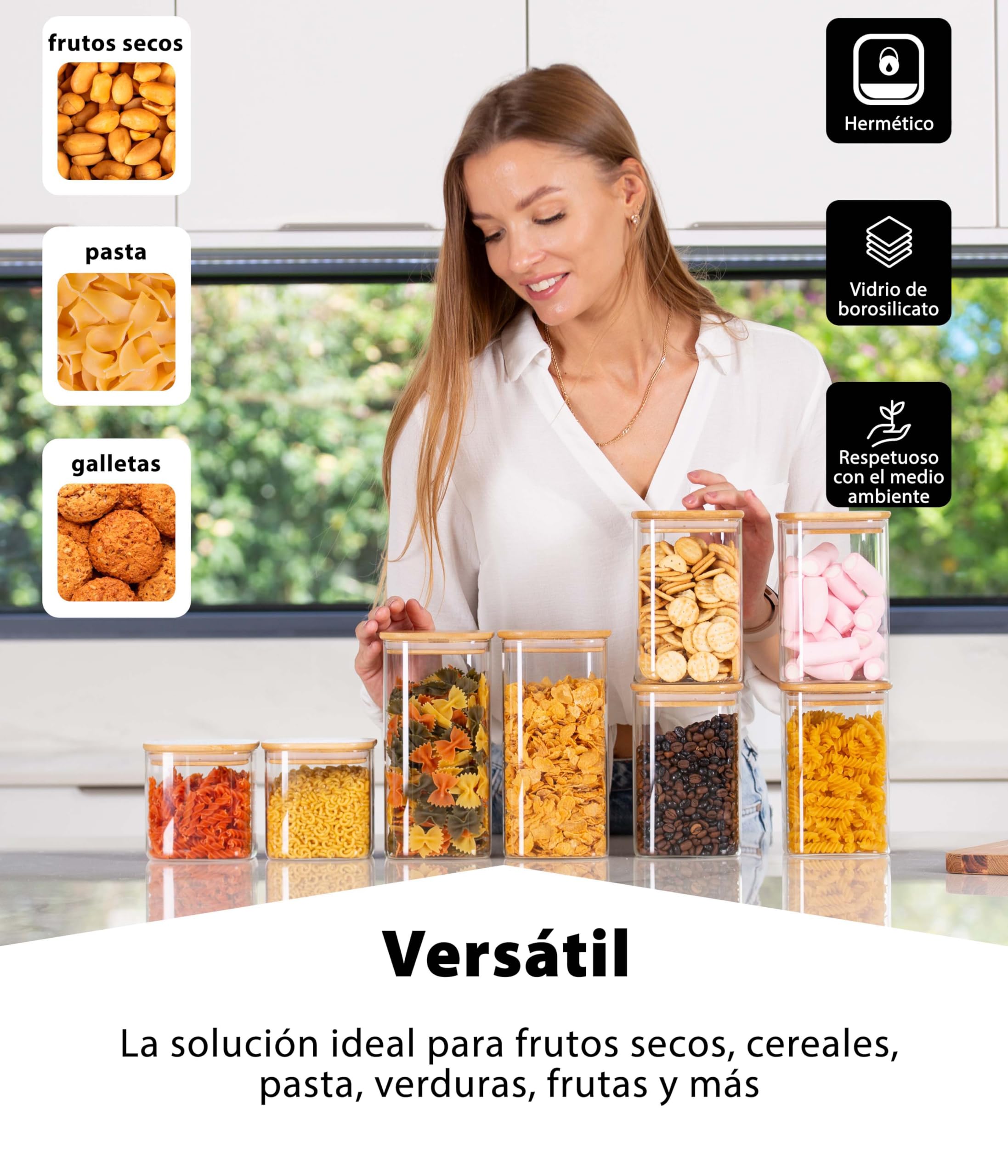 Deco haus® Tarros de Cristal con Tapa hermética, Juego de 8 [+ Etiquetas], Botes Cocina Almacenaje, Tarros Cristal con Tapa de Madera, Frascos de vidrio Apto para Harina, Café, Pasta