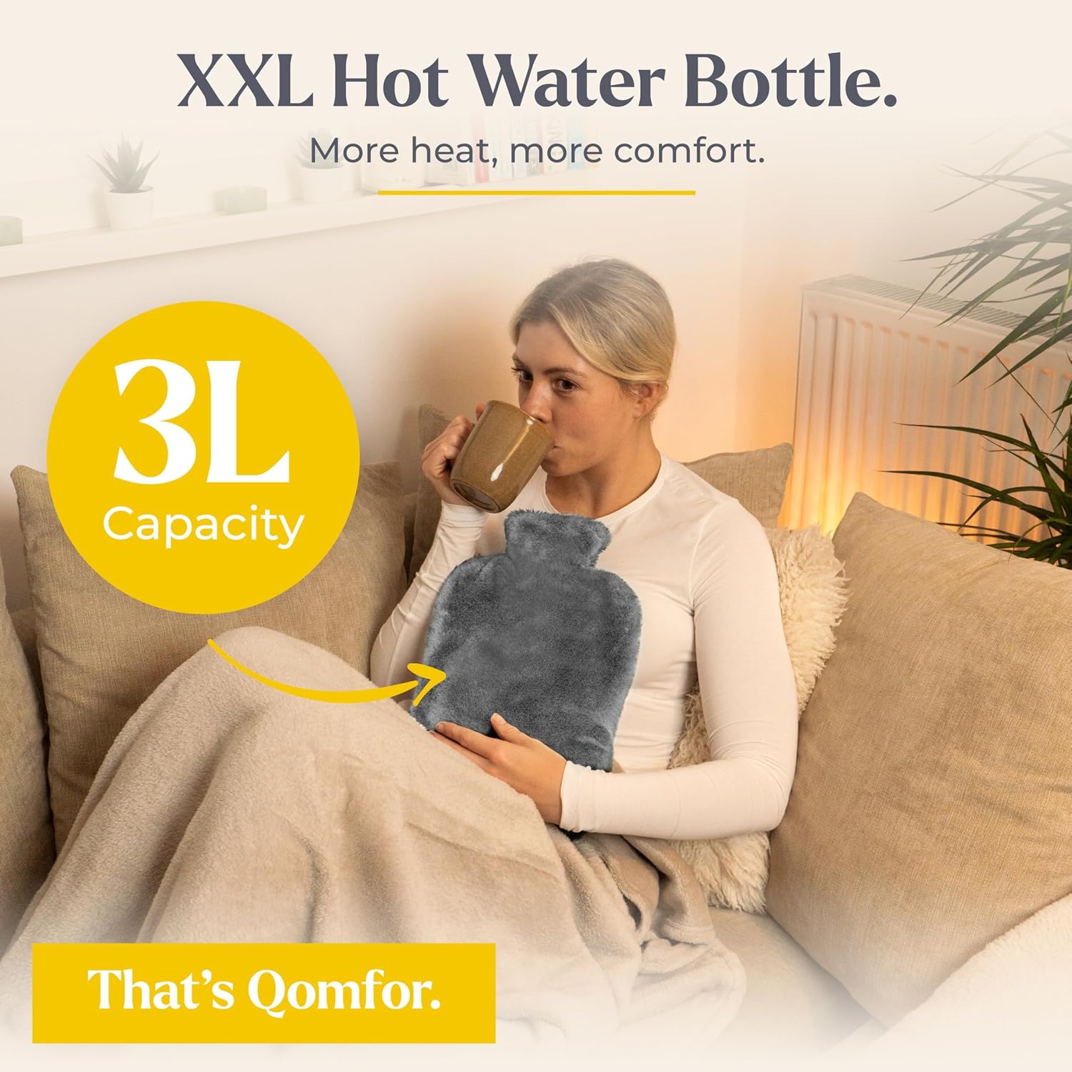 Hot Water Bottle - with Soft Premium Fleece Cover - Grey, 3L - Heating Pad for Menstrual Cramps and Period Comfort - Bed Foot Warmer - Hot & Cold Compress for Back, Stomach, Neck Pain Relief
