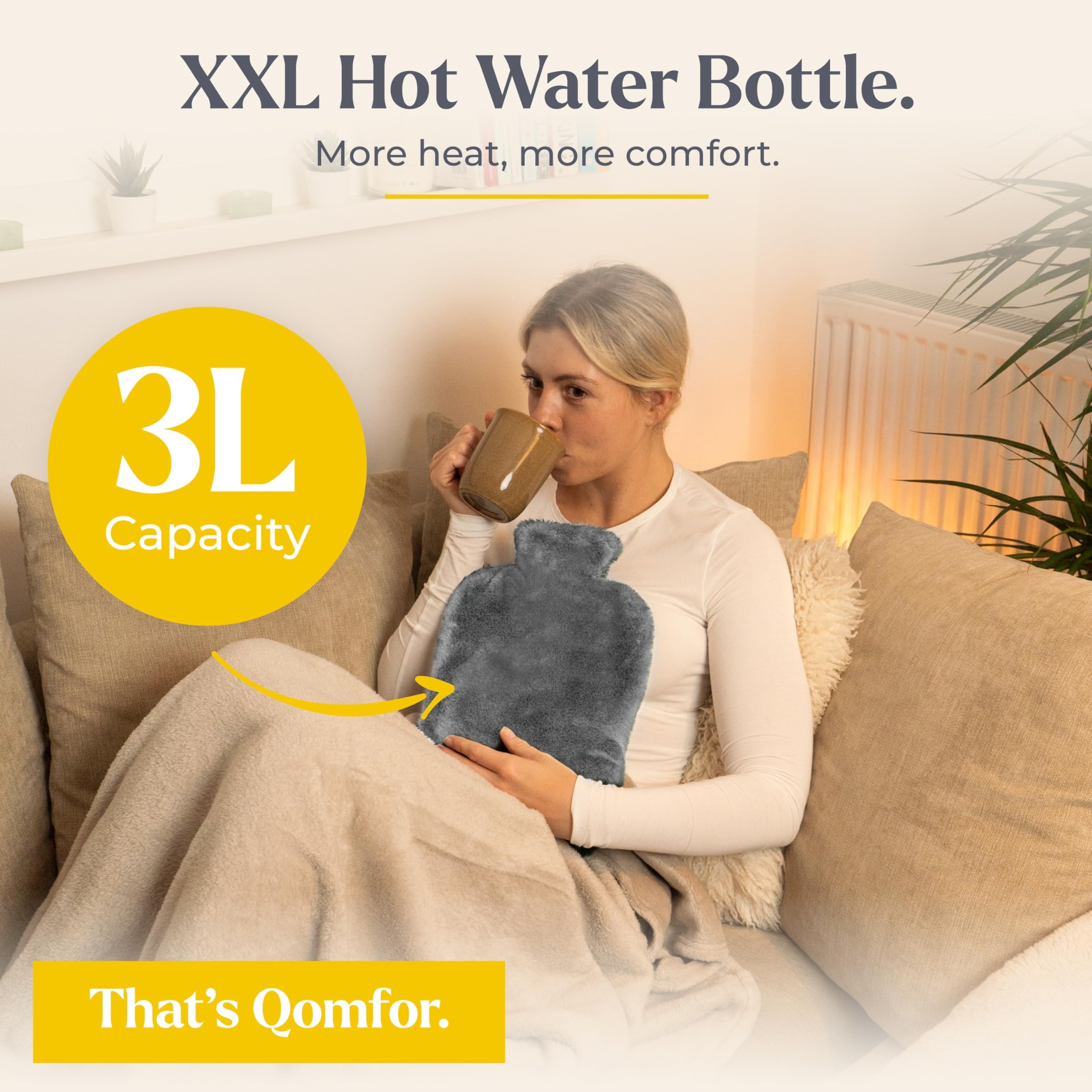 Qomfor hot water bottle XXL with premium faux fur cover - grey
