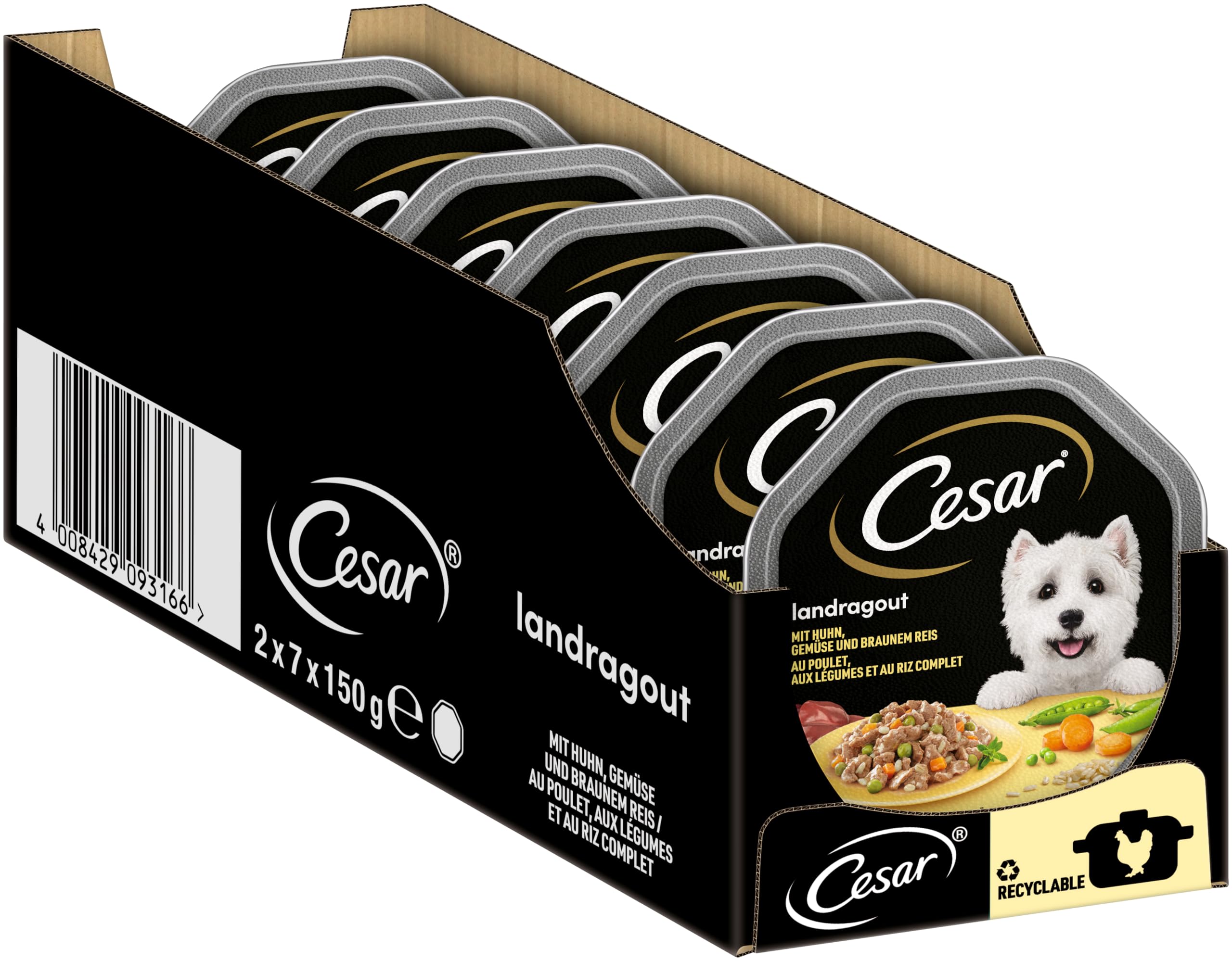 Cesar Hundefutter Nassfutter Empfehlung des Chefkochs Huhn, Reis, Gemüse, 7 er Pack, (7 x 2 Schalen x 150 g)