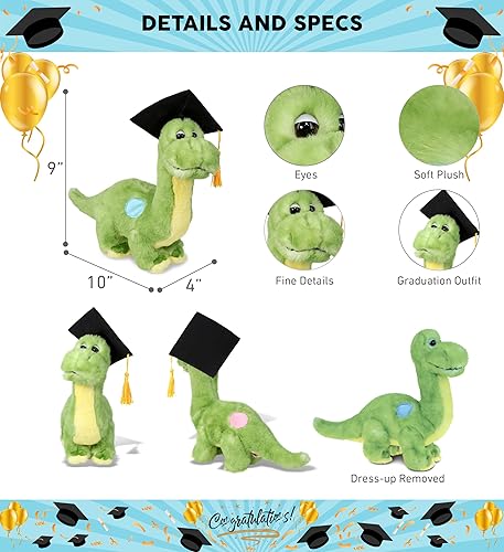 Miniatura 3 de DolliBu Juguete de peluche de graduación de dinosaurio verde – Peluche de peluche súper suave con bata y gorra con traje de borla, regalo de