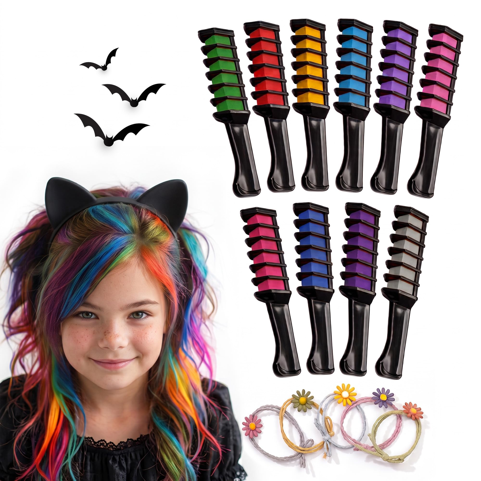 Colorful Hair Chalk Combs, 10 Shades, Halloween Hair Accessories for Girls