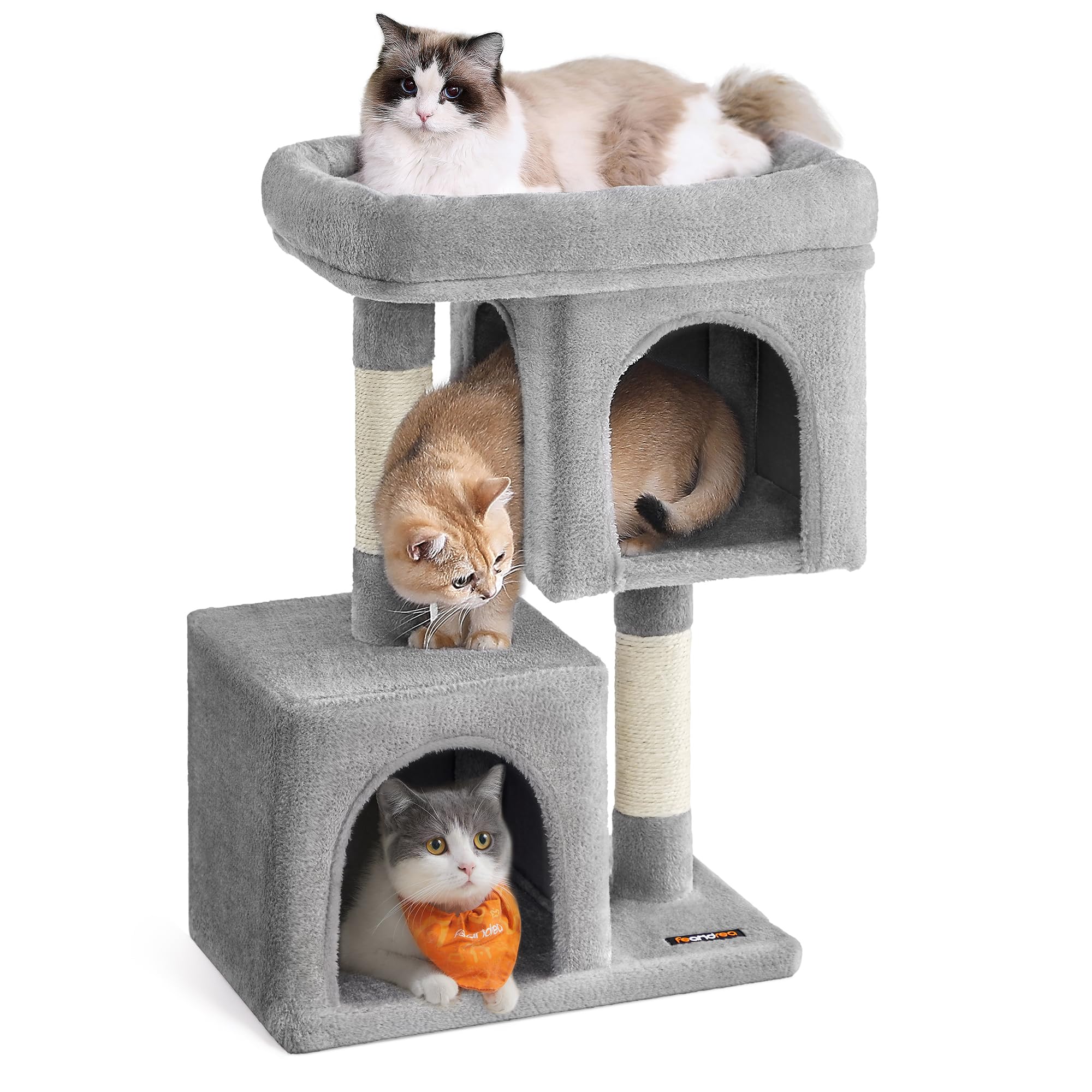 Feandrea Cat Tree Tower, 74 cm, M, for Medium Cats up to 5 kg, Large Perch, 2 Caves, Scratching Post, Light Grey PCT612W01V1 — image 1
