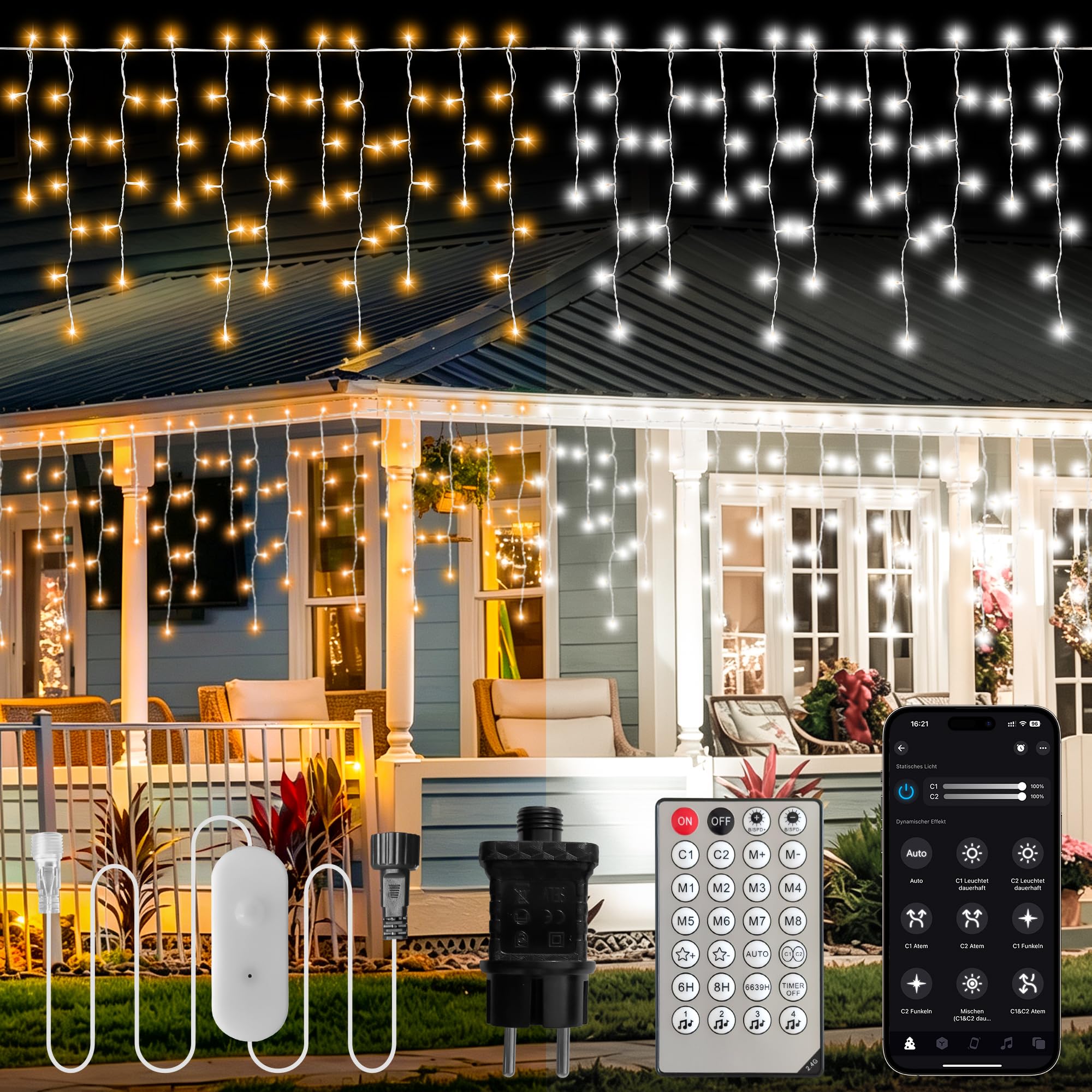 SHUNLEE Cascada Luces Navidad Exterior con La App (Cálido/Frío, 9M)