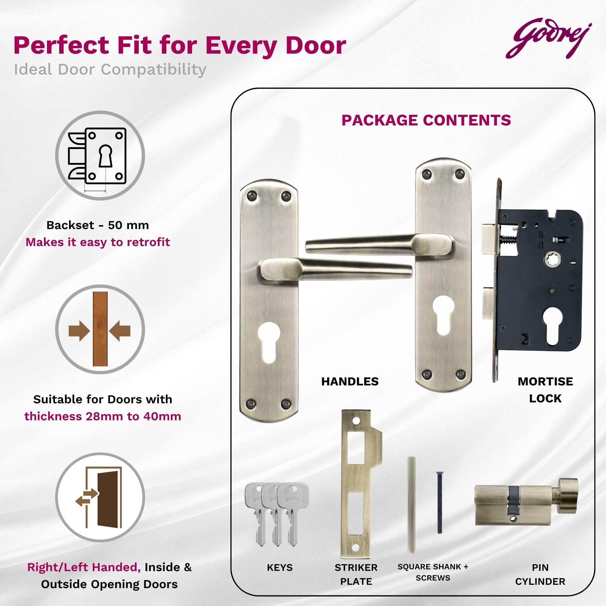 Godrej Mortise Lock I Handle Set 1CK EM01 I Antique Brass Finish I Pin Cylinder Technology I 3 Keys I Double Throw I 5" Handle I Left/Right Handed Door Operation I 1 Year Warranty — Amazon image 5