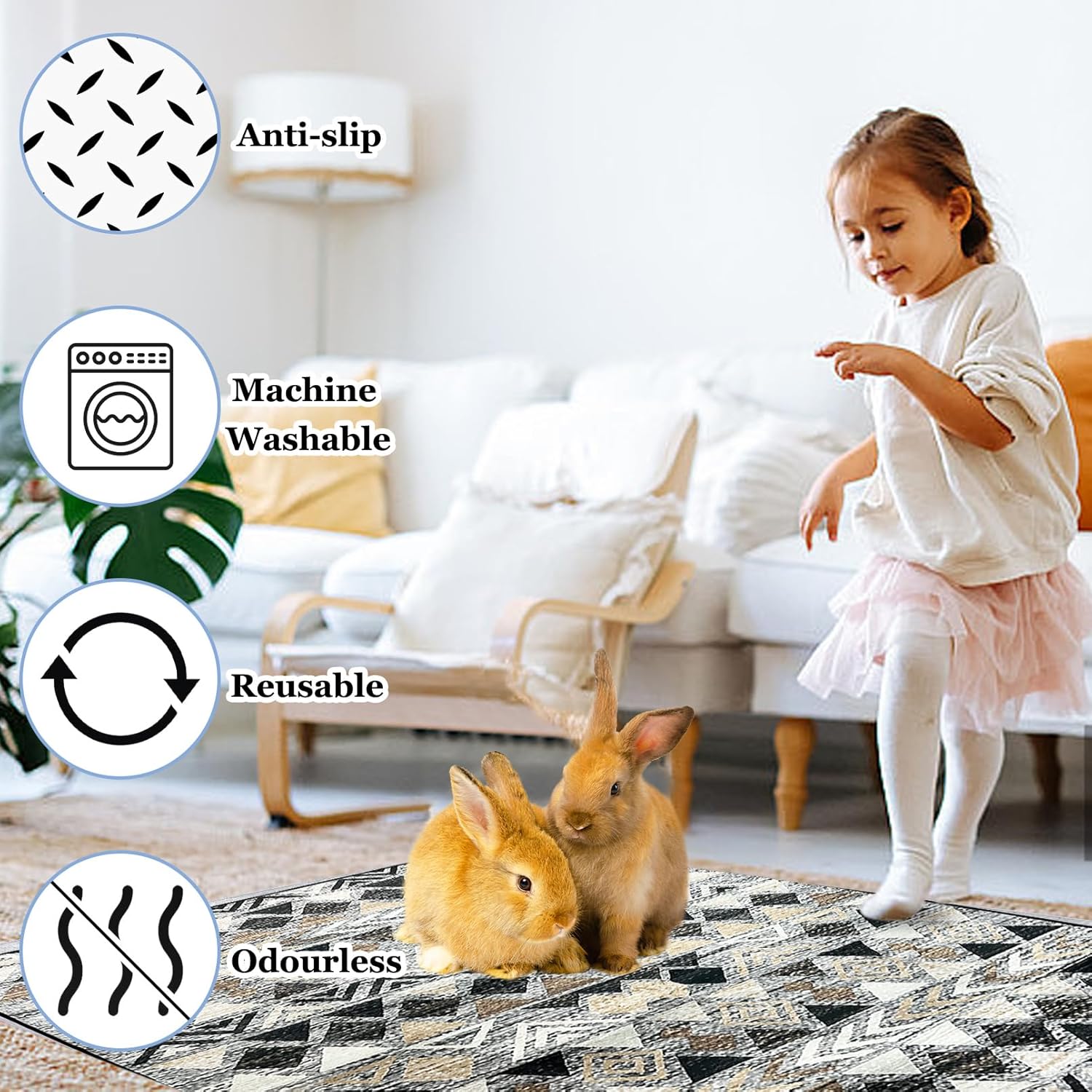 BNOSDM 91x63 Inches Rabbit Cage Liner Extra Large Washable Bunny Mats, Reusable Floor Protect Rug with Anti Slip Bottom, Pet Dog Playpen Pad for Rabbit Puppy Guinea Pig Ferret