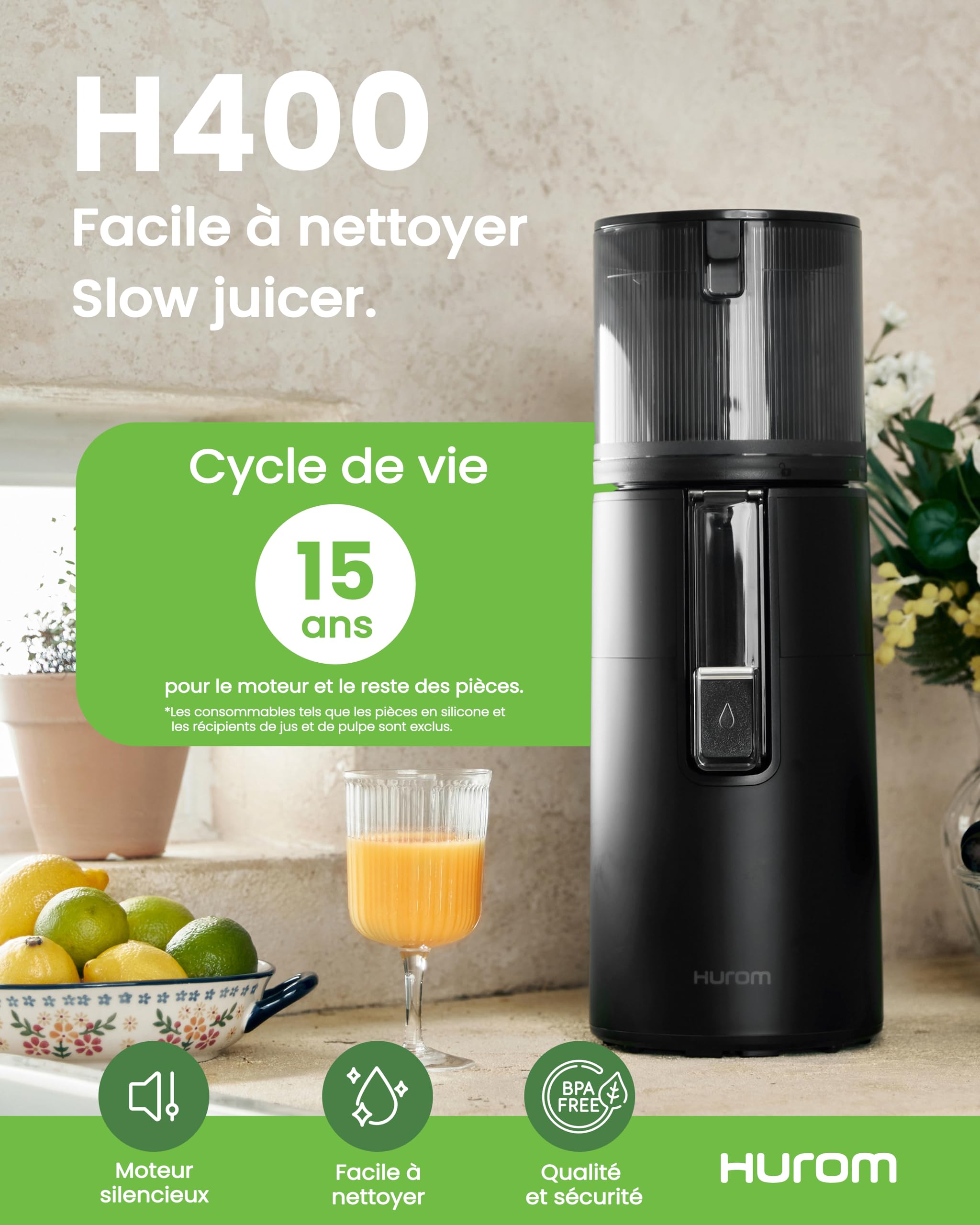 Hurom Extracteur de Jus Fruits et Légumes H400 | Centrifugeuse Extracteur de Jus Silencieux et Facile à Nettoyer | Sans BPA | Hopper 2L, Chamber 550ml