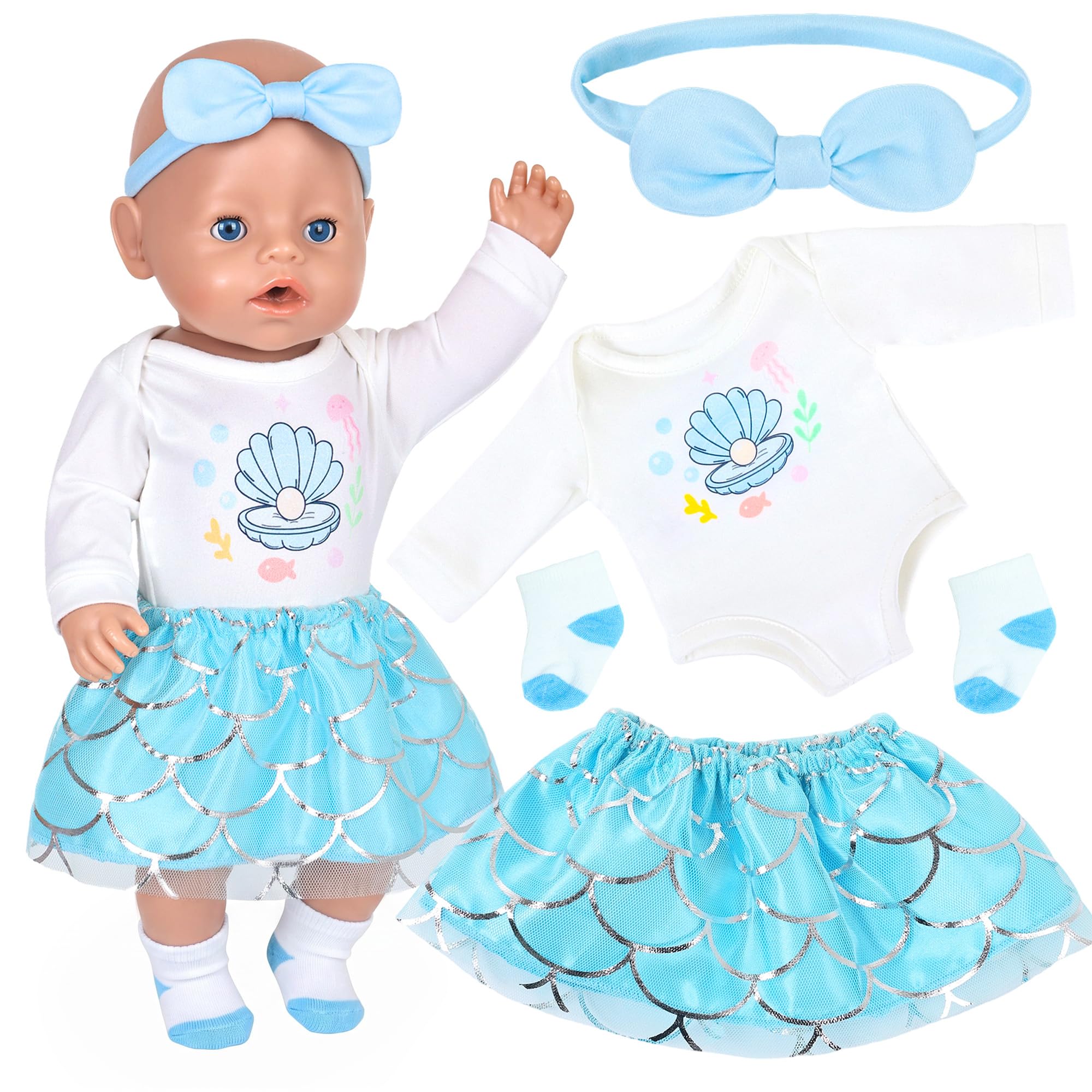 4 Pcs Sea Dolls Clothes Outfits for 14-17 Inch Baby Dolls, 35-43cm Blue Shell Baby Doll Clothes Includes 1 Jumpsuit 1 Poncho 1 Hairband 1 Socks, Sweet Doll Accessories Gift for Girls Boys