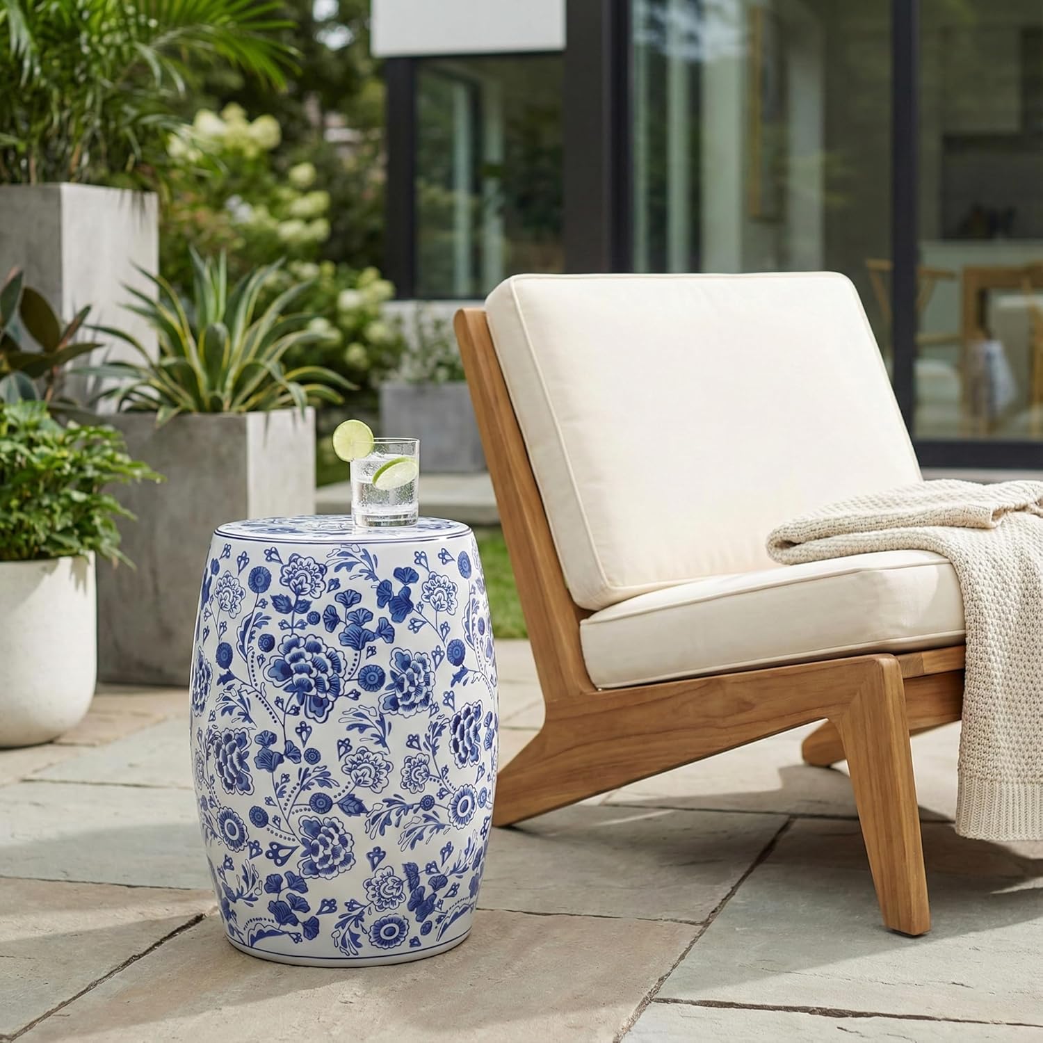 Decorative Chinoiserie Stool for Outdoor Side Table - Ceramic Hydrangea Floral Pattern for Indoor Garden and Patio Area - Home Decor Accent Stool for Plant Stand Display - 18", Blue & White