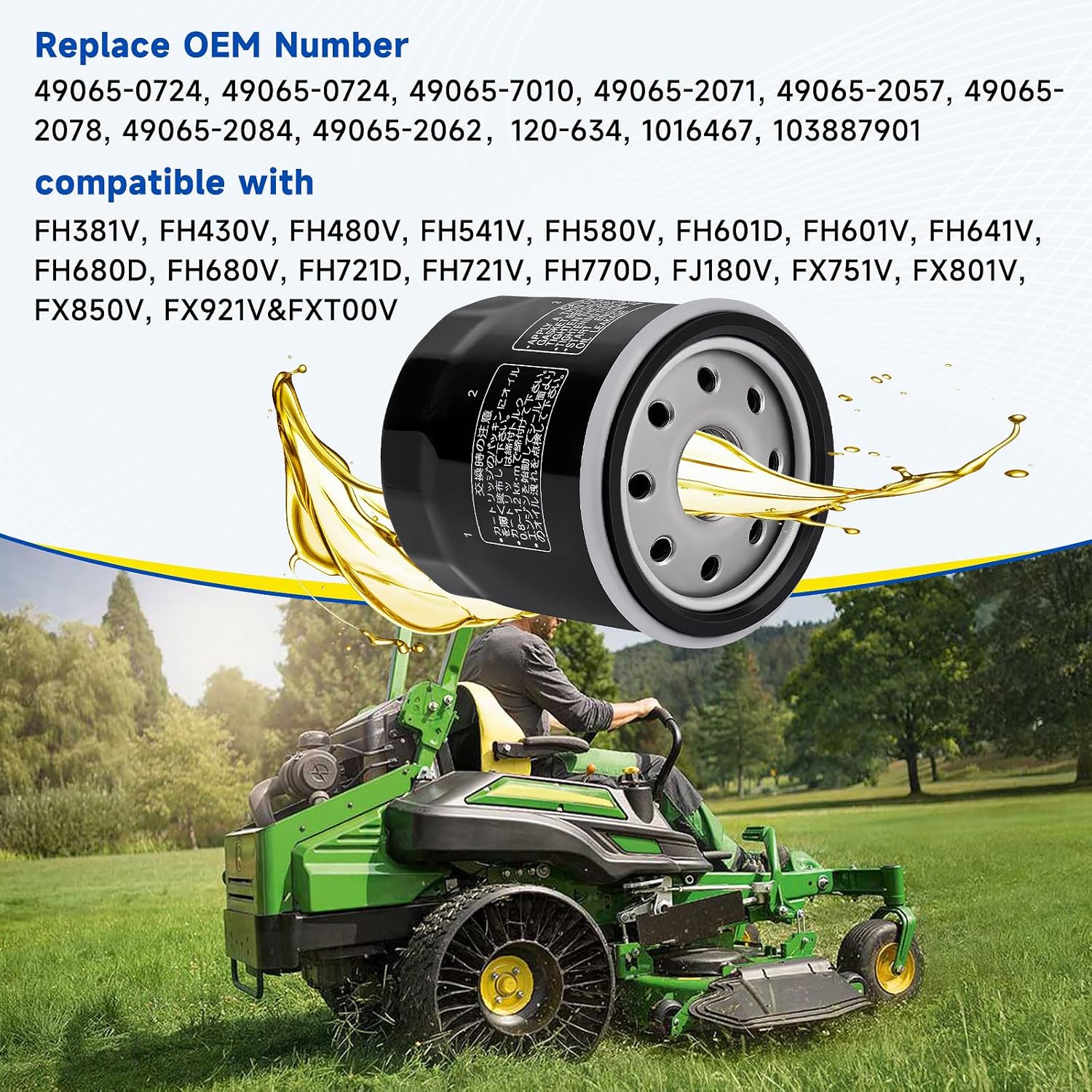 49065-0724 Oil Filter Replace 49065-7010 Compatible with Kawasaki FX850V FX801V FJ180V FH381-721V FH601-770D FX751-FX1000V Engine Models, AM107423 120-634 1016467, Pack of 6